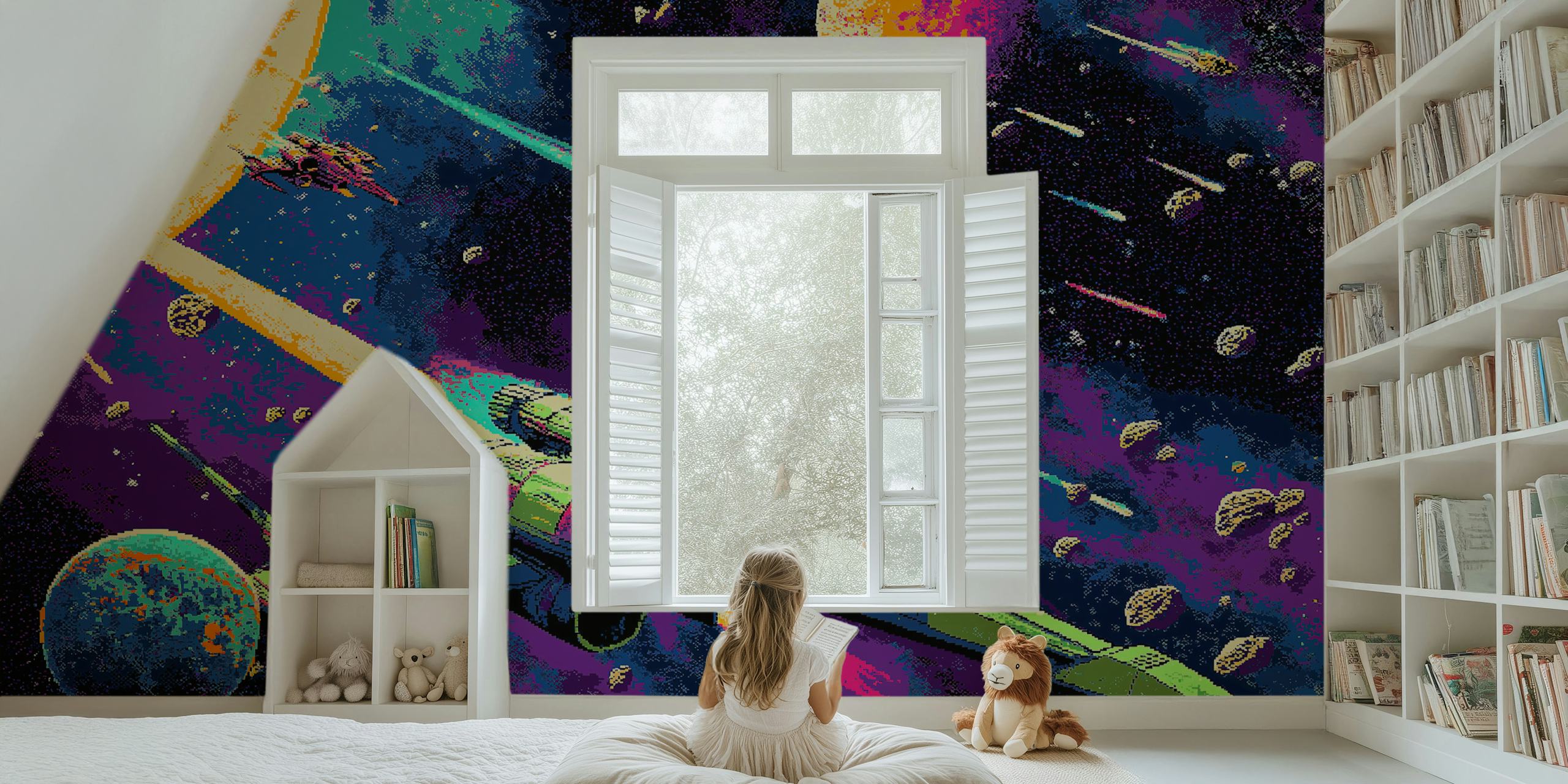 Ruimte thema met raketten, planeten en sterren op kleurrijke achtergrond wallpaper