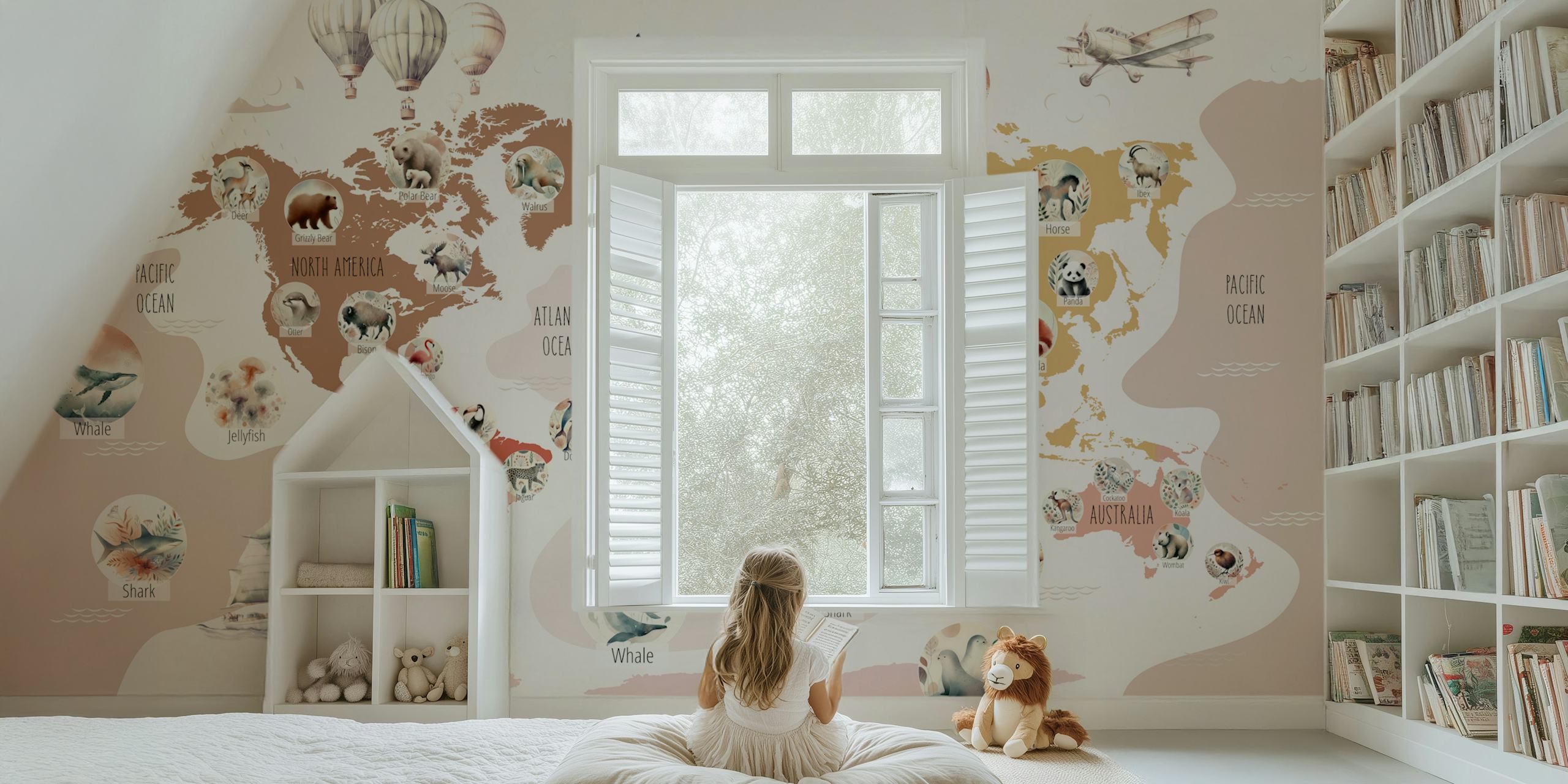 Boho Wildlife World Map wallpaper in a room