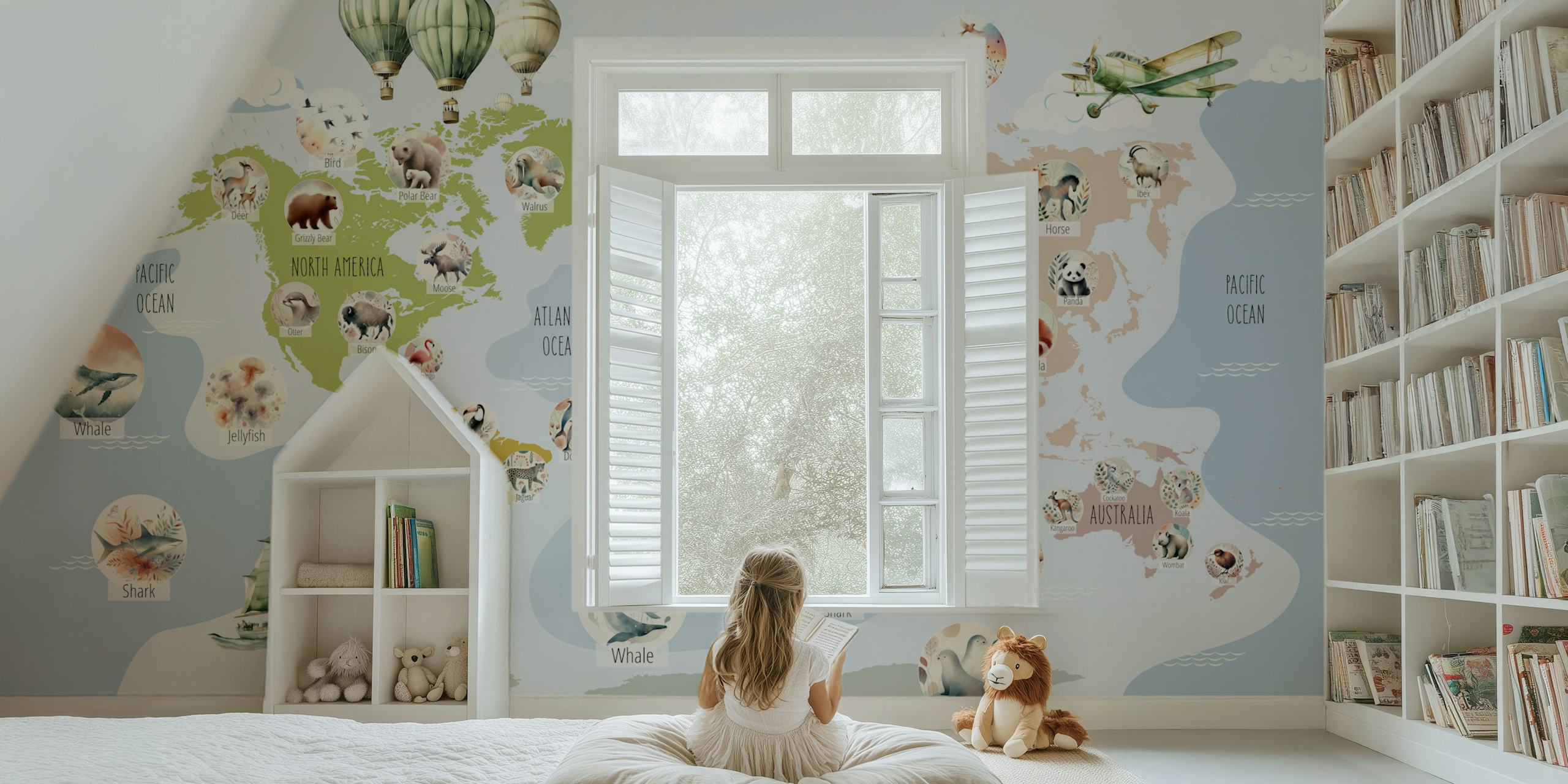 Whimsical World Animal Map Tapete in einem Raum