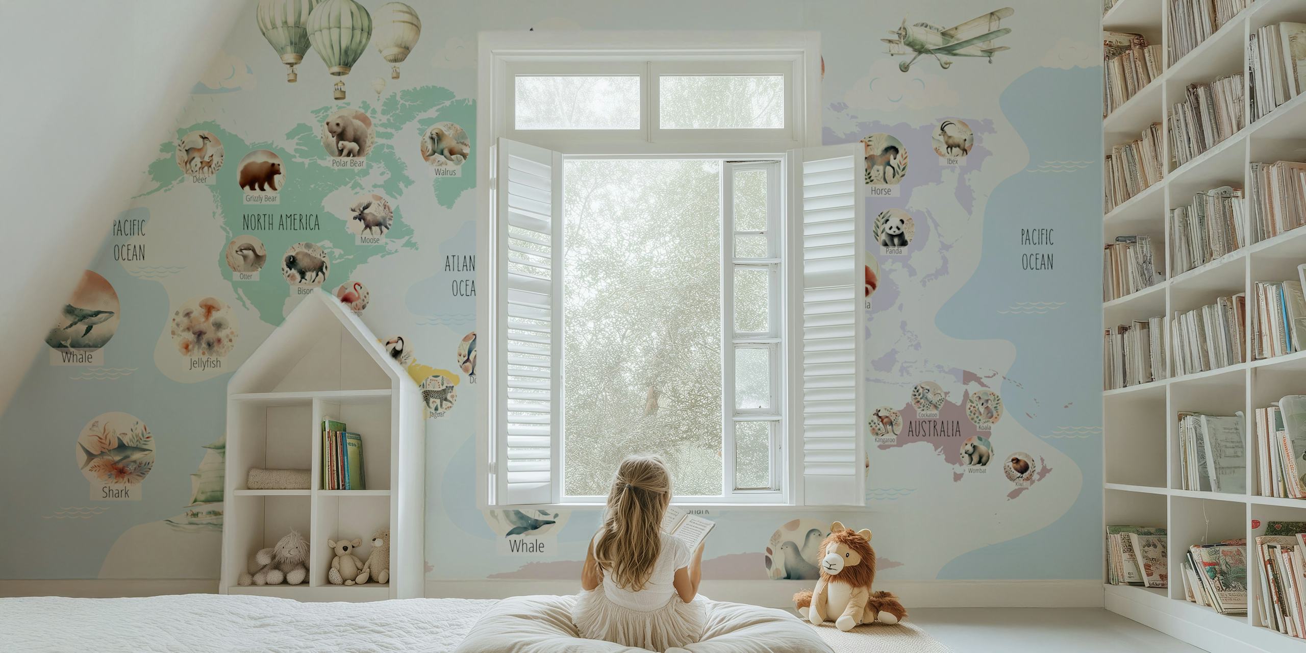 Pastel Wildlife World Map wallpaper in a room