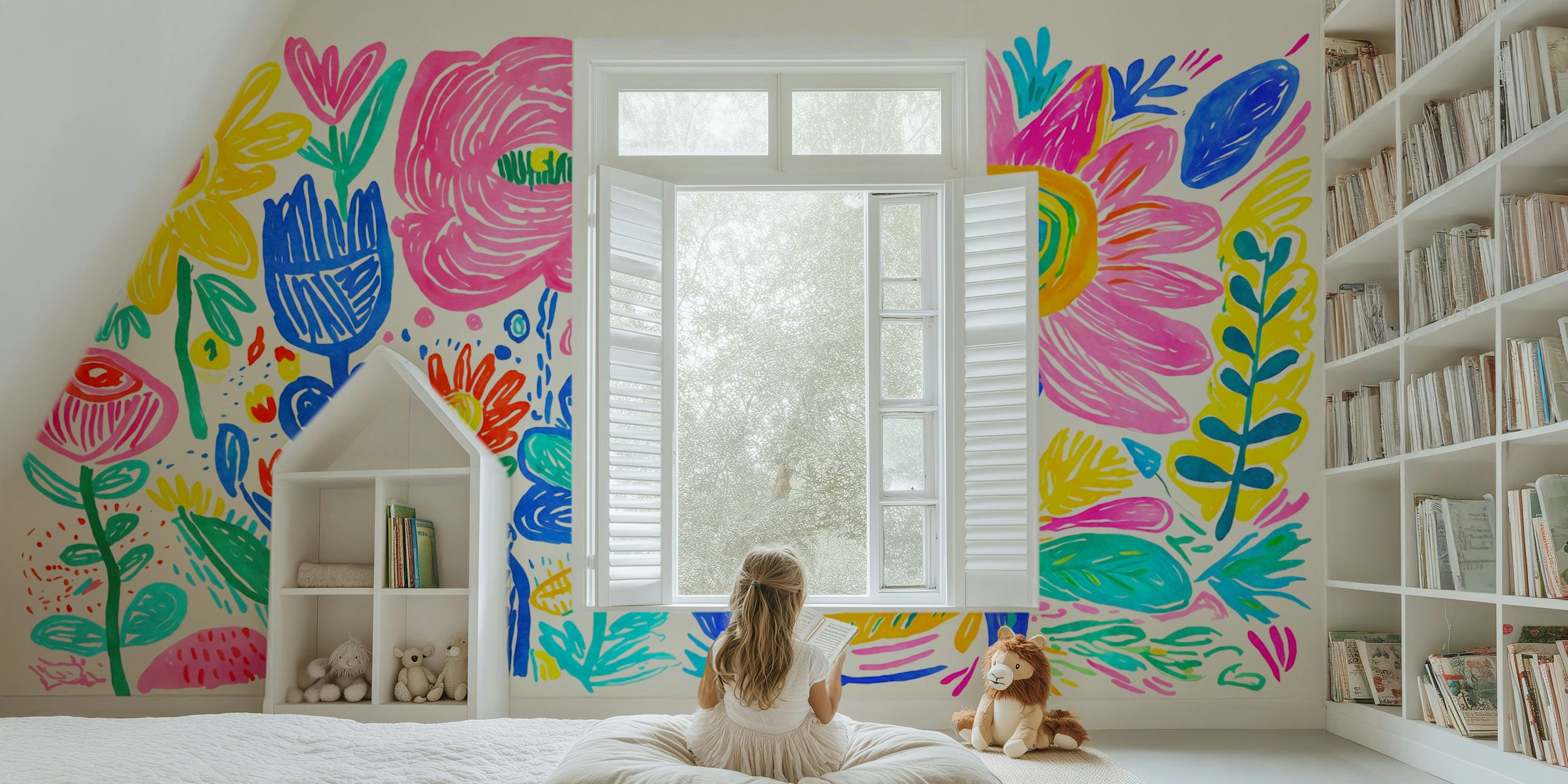 Colorful floral wallpaper in a room