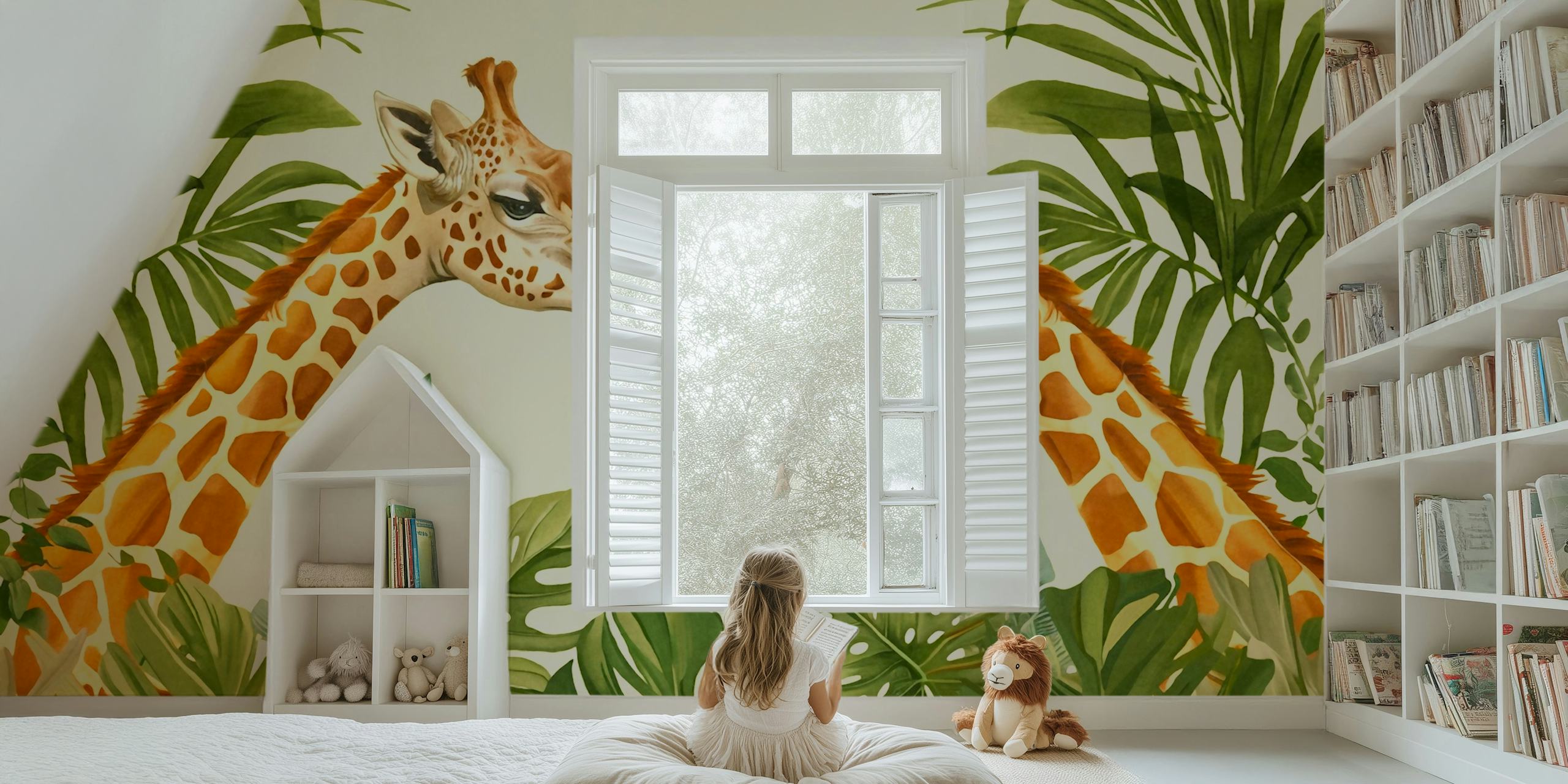 Two giraffes amid tropical green leaves wall mural
