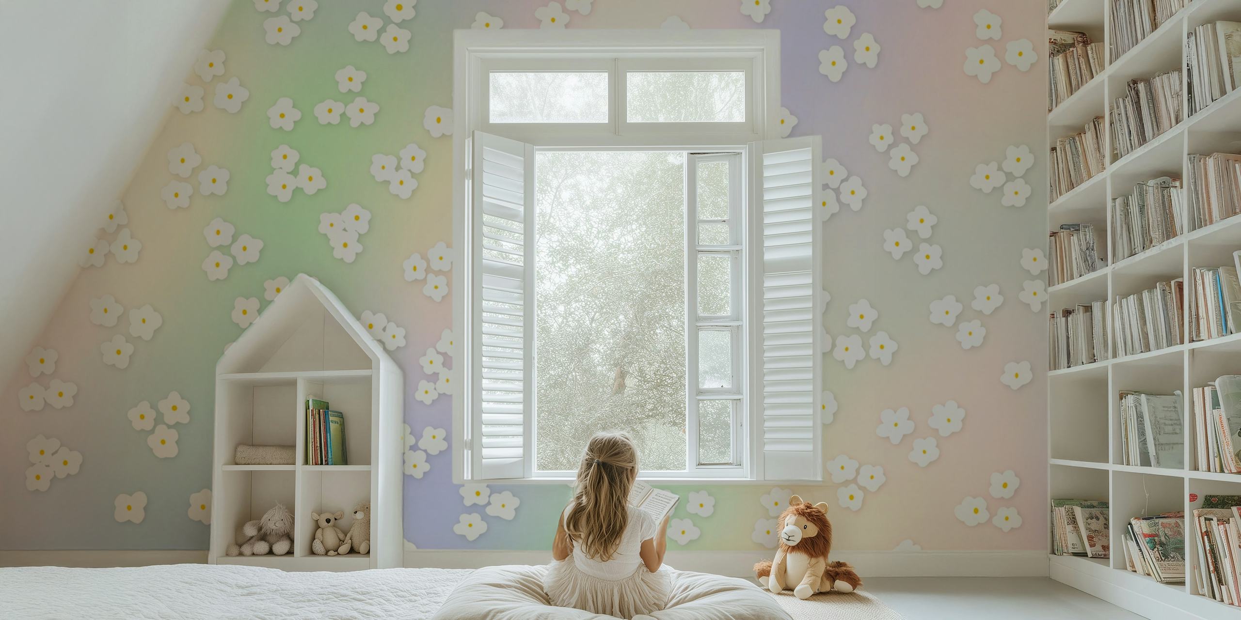 Happy Daisy Flower Rainbow papel de parede em um quarto