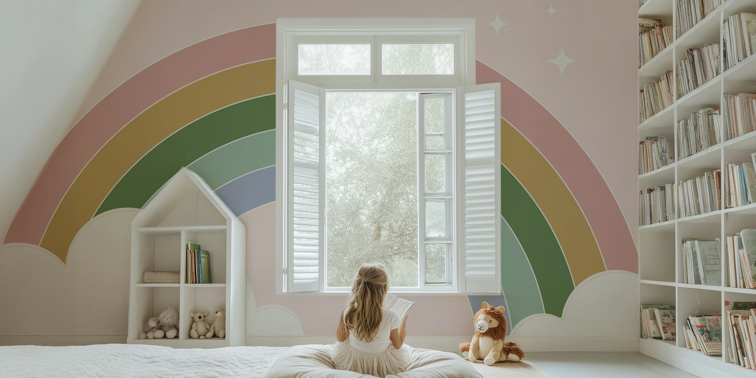 Pastel rainbow and clouds wallpaper in a room