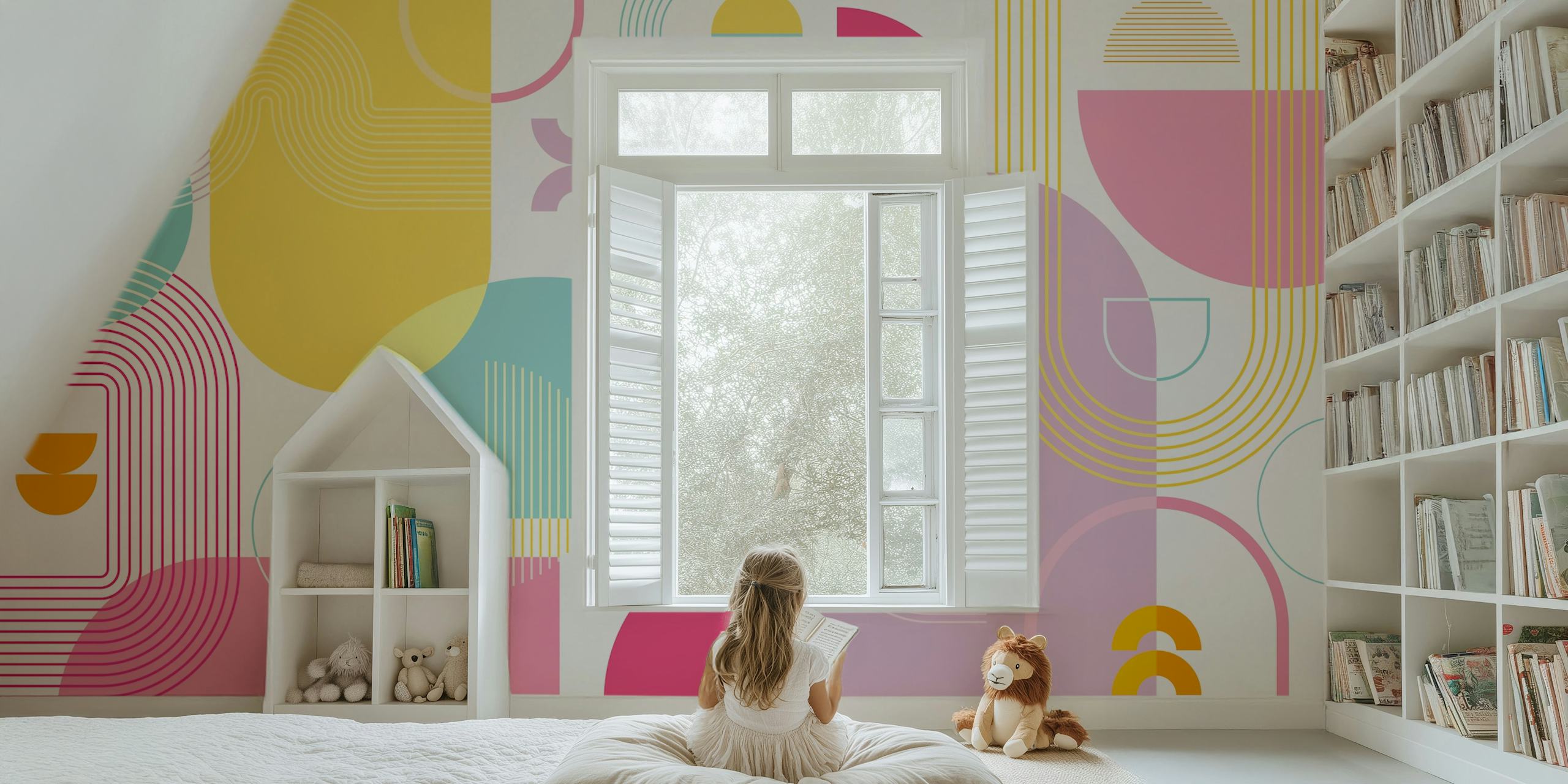 Colorful geometric shapes in pink, blue, yellow, and white wallpaper