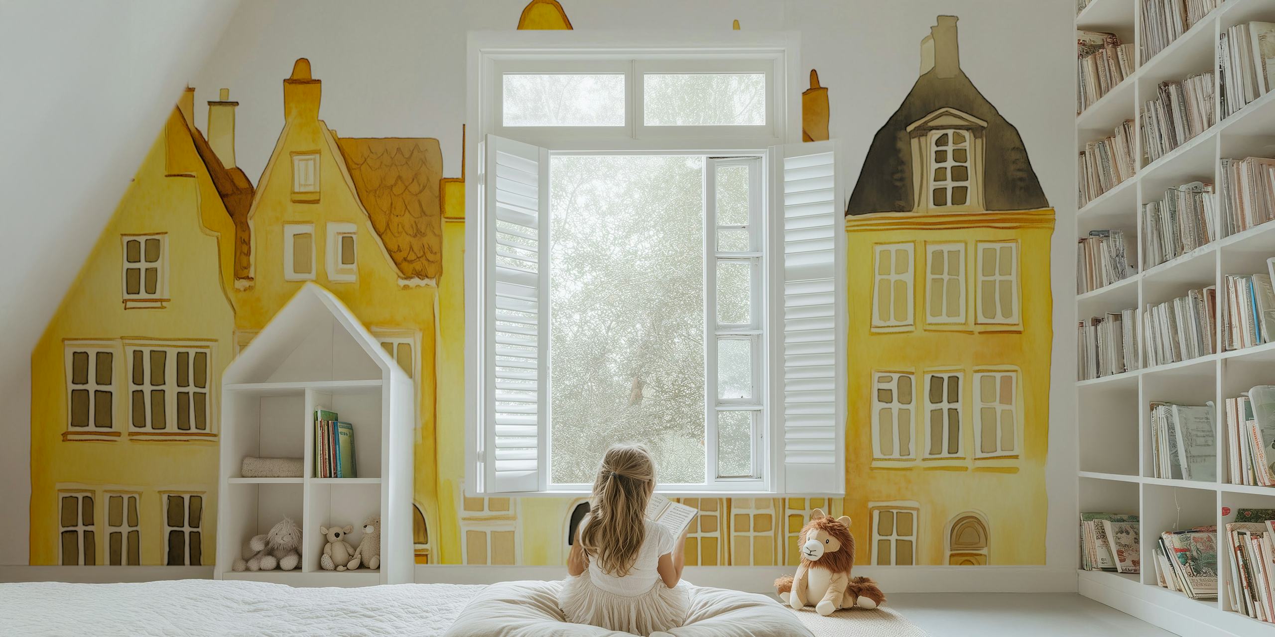 Charming Butter Yellow Town Houses design de papel de parede