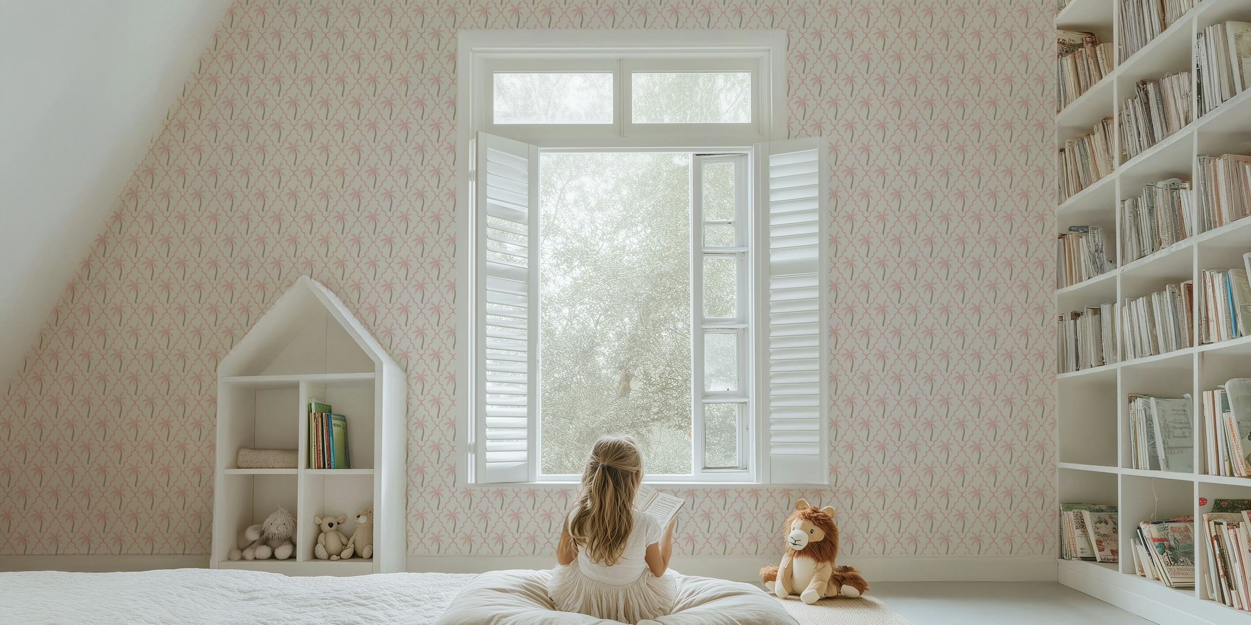 Soft pink scalloped diamonds with palms wallpaper