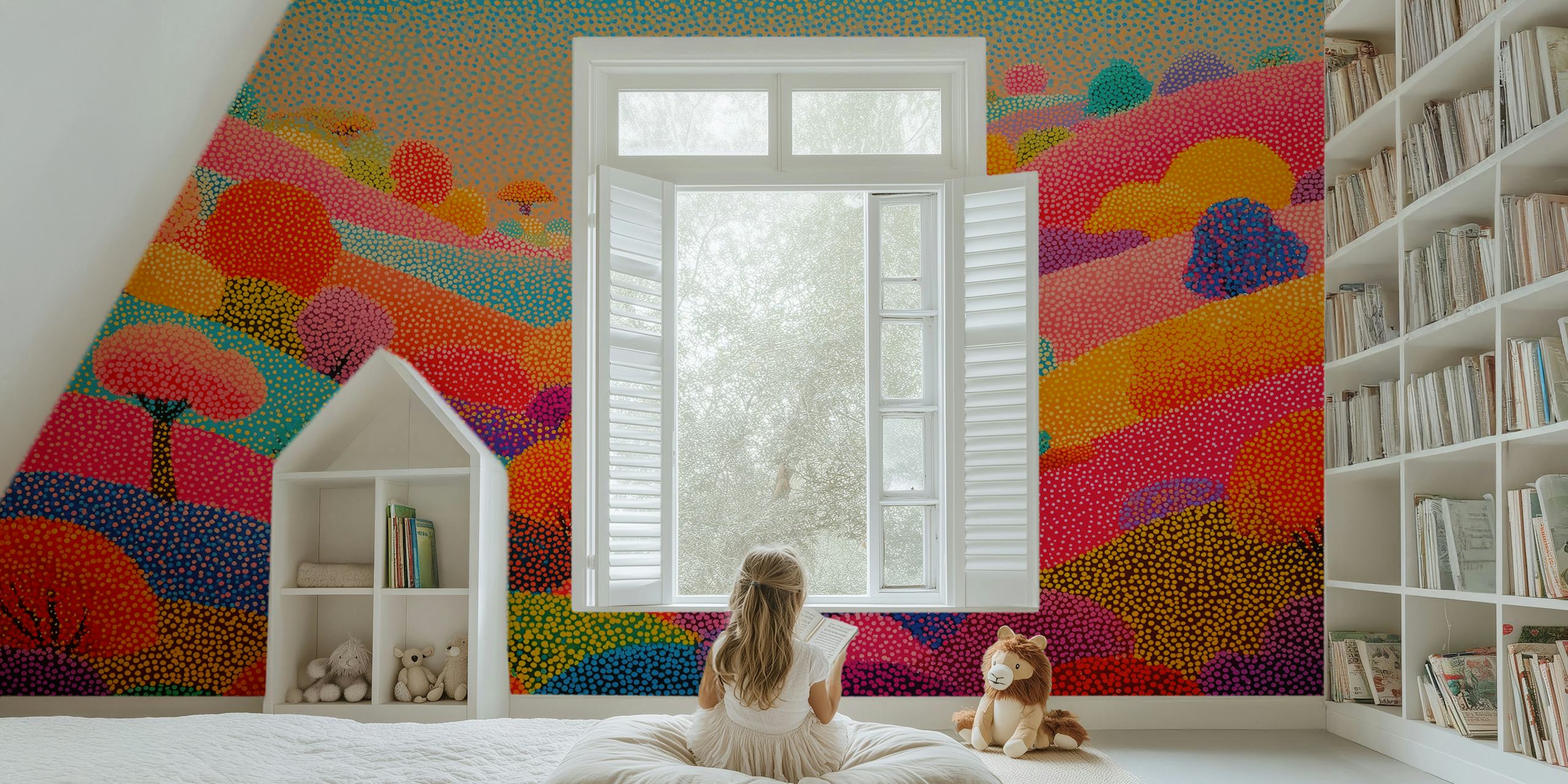 Colorful hills with trees and dots in vibrant colors pointillist wallpaper