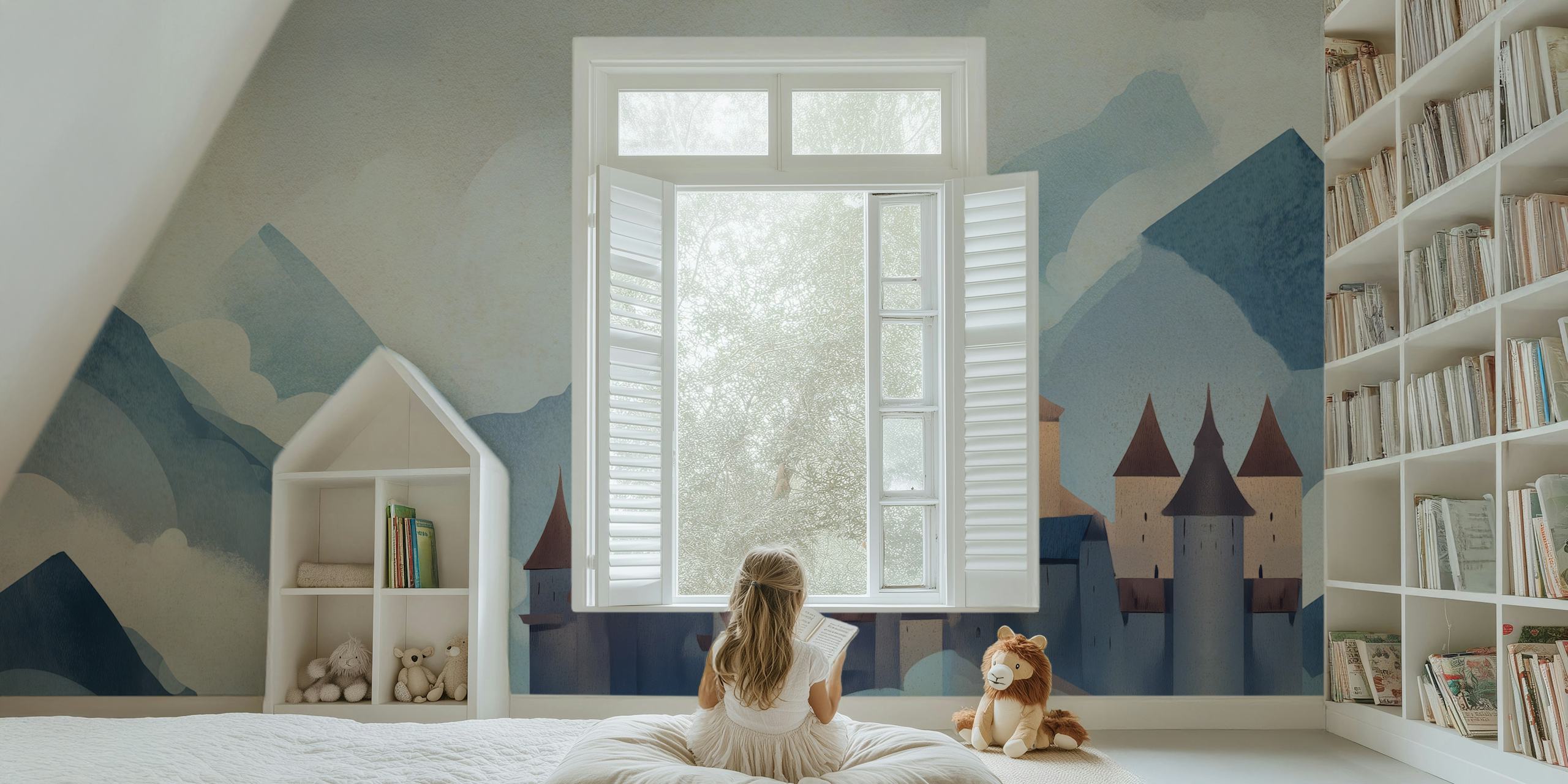 Whimsical dreamy mountain castle wallpaper in a room