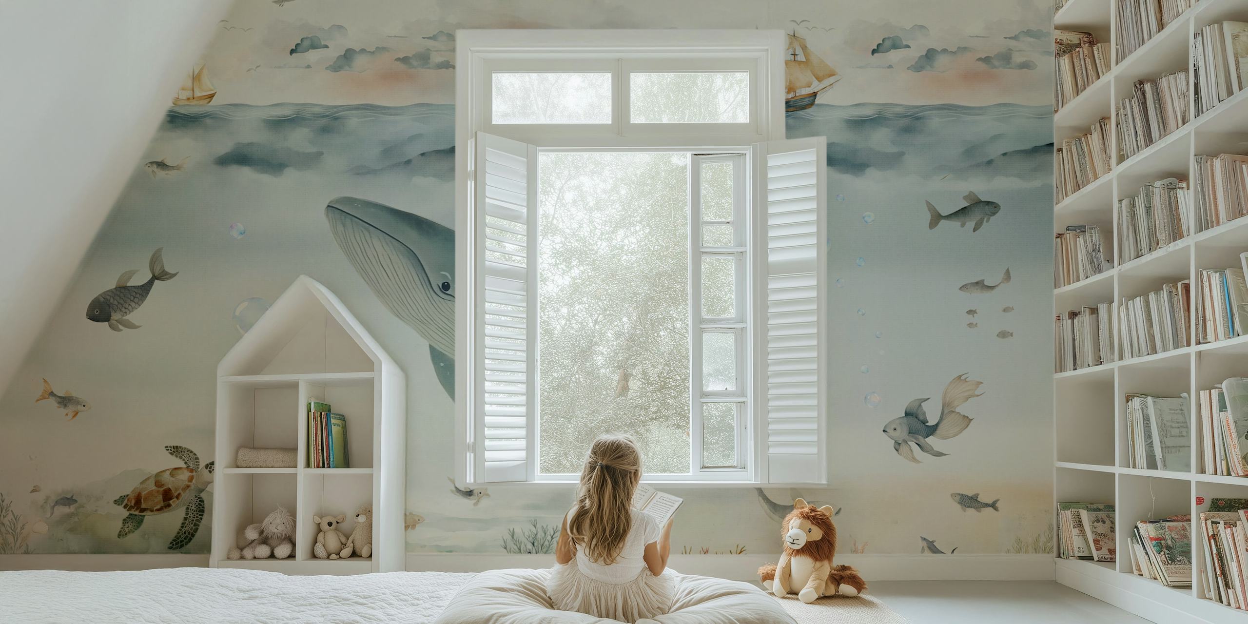 Ocean Adventure Watercolor Whale and Sea Life design della carta da parati