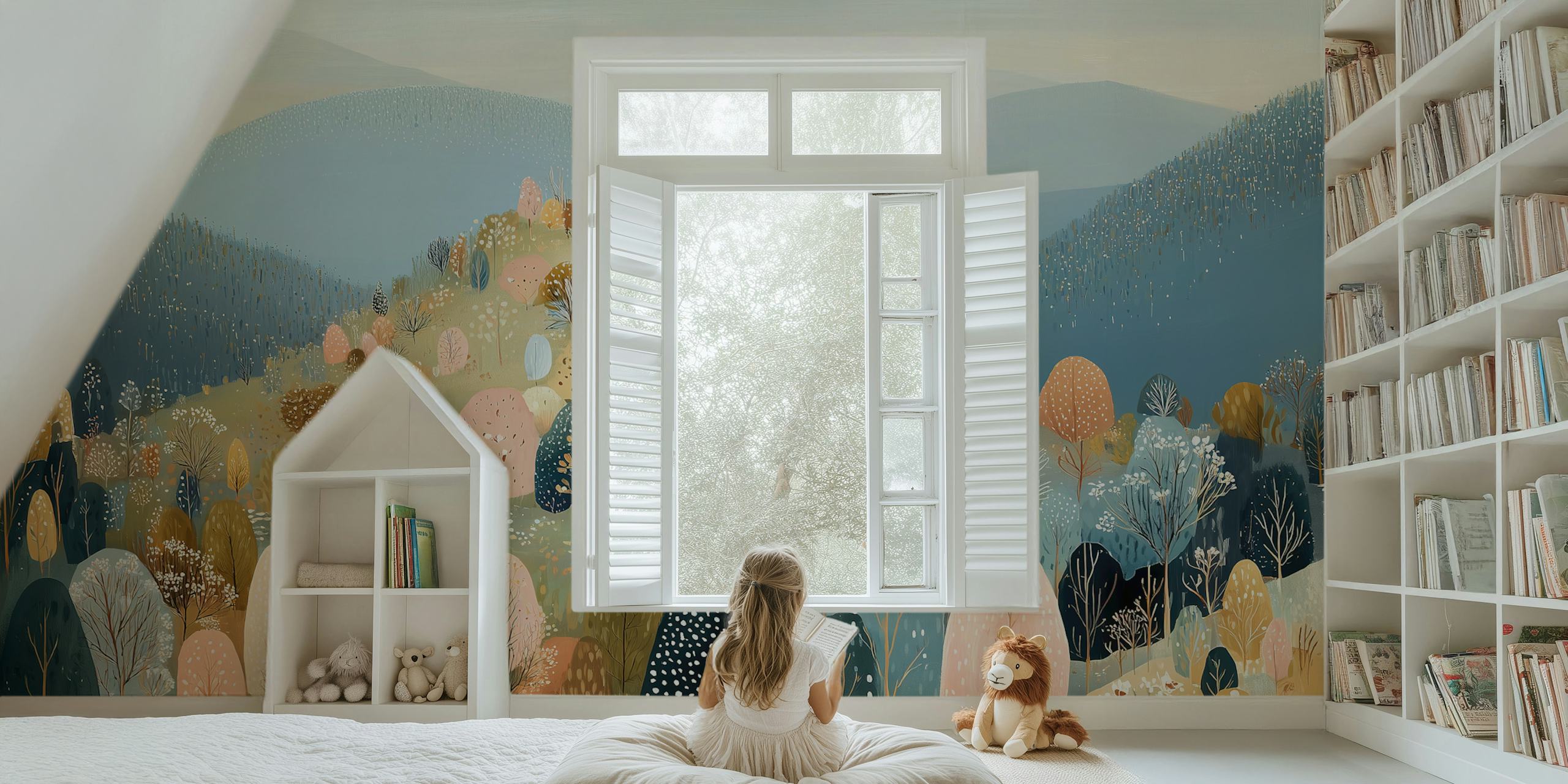 Papier peint Tranquil Mountain Forest dans une pièce cocooning