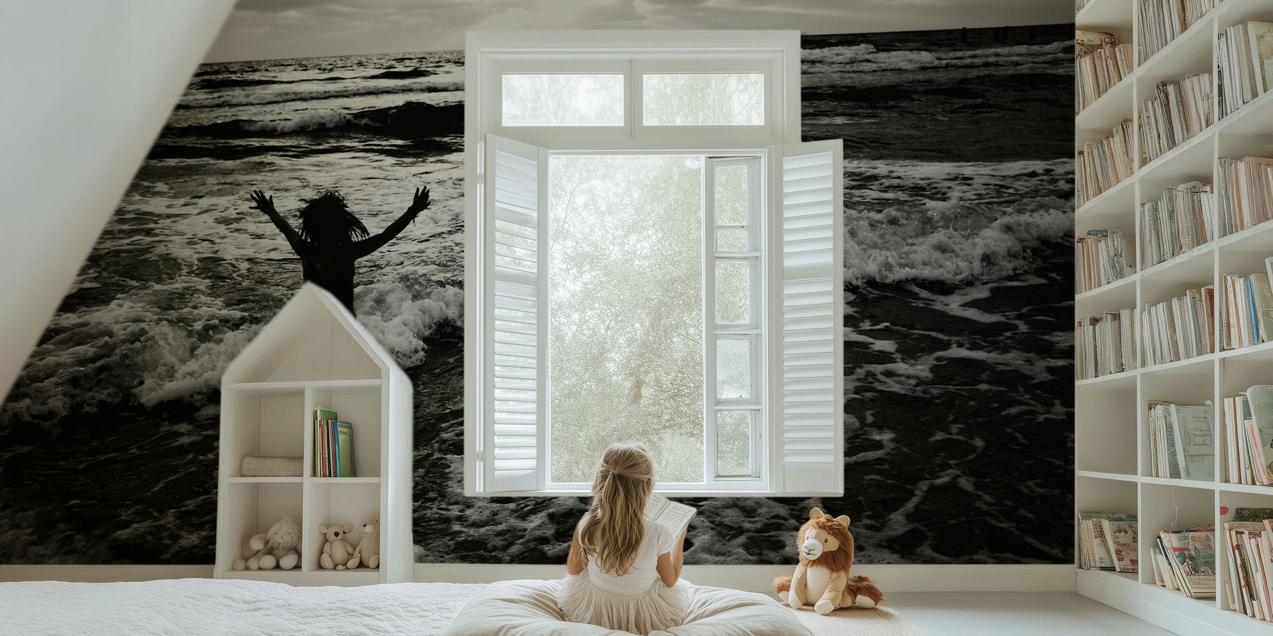 Person jumping in the ocean with waves crashing around, black and white wallpaper