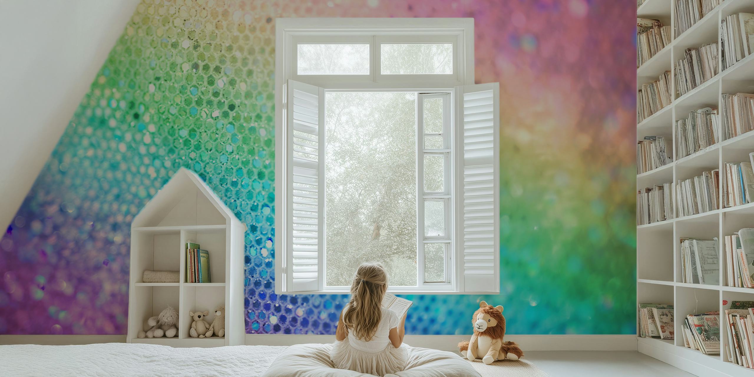 Rainbow glittering wallpaper with multicolored dots in pastel and vibrant shades.