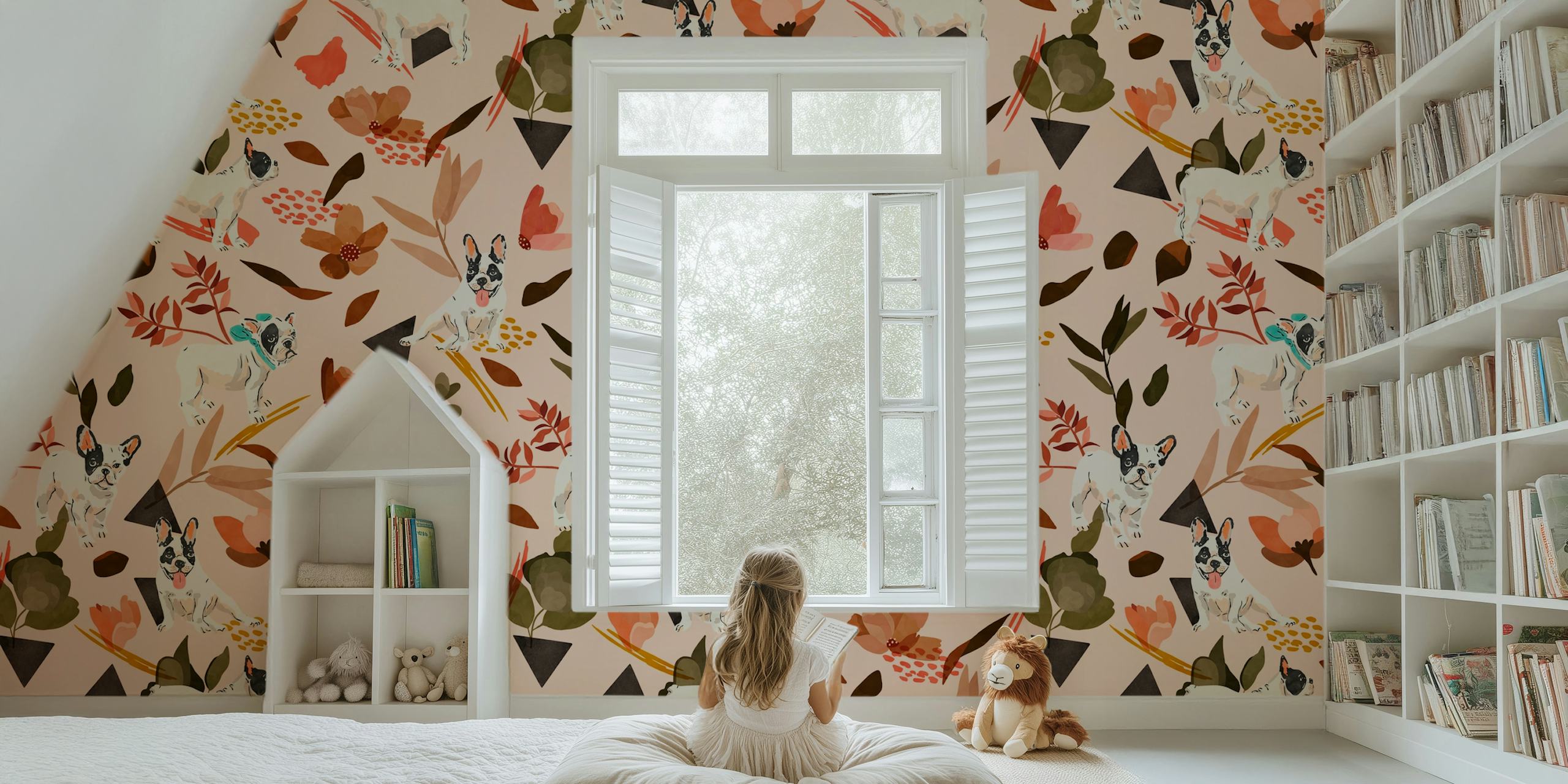 Diseño de papel tapiz French bulldog en una habitación
