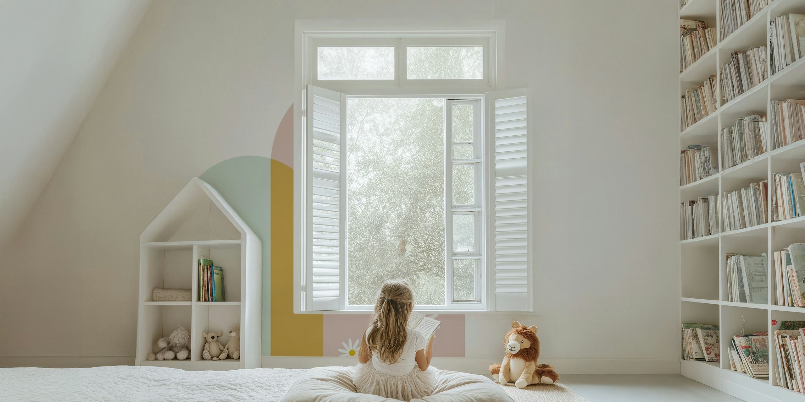 Modern boho daisy arch wallpaper in a room