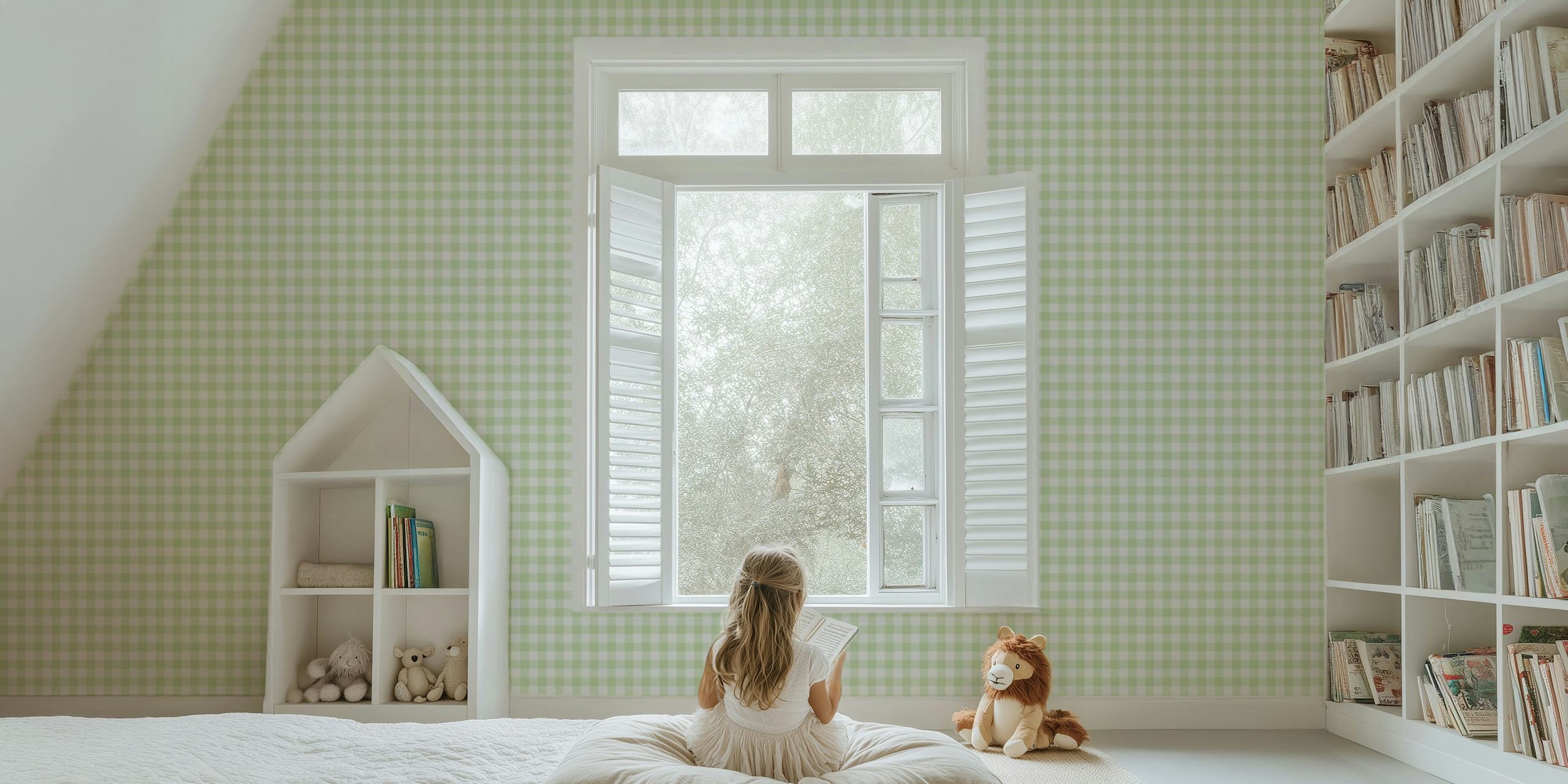 Green gingham pattern wallpaper in a soft pastel hue