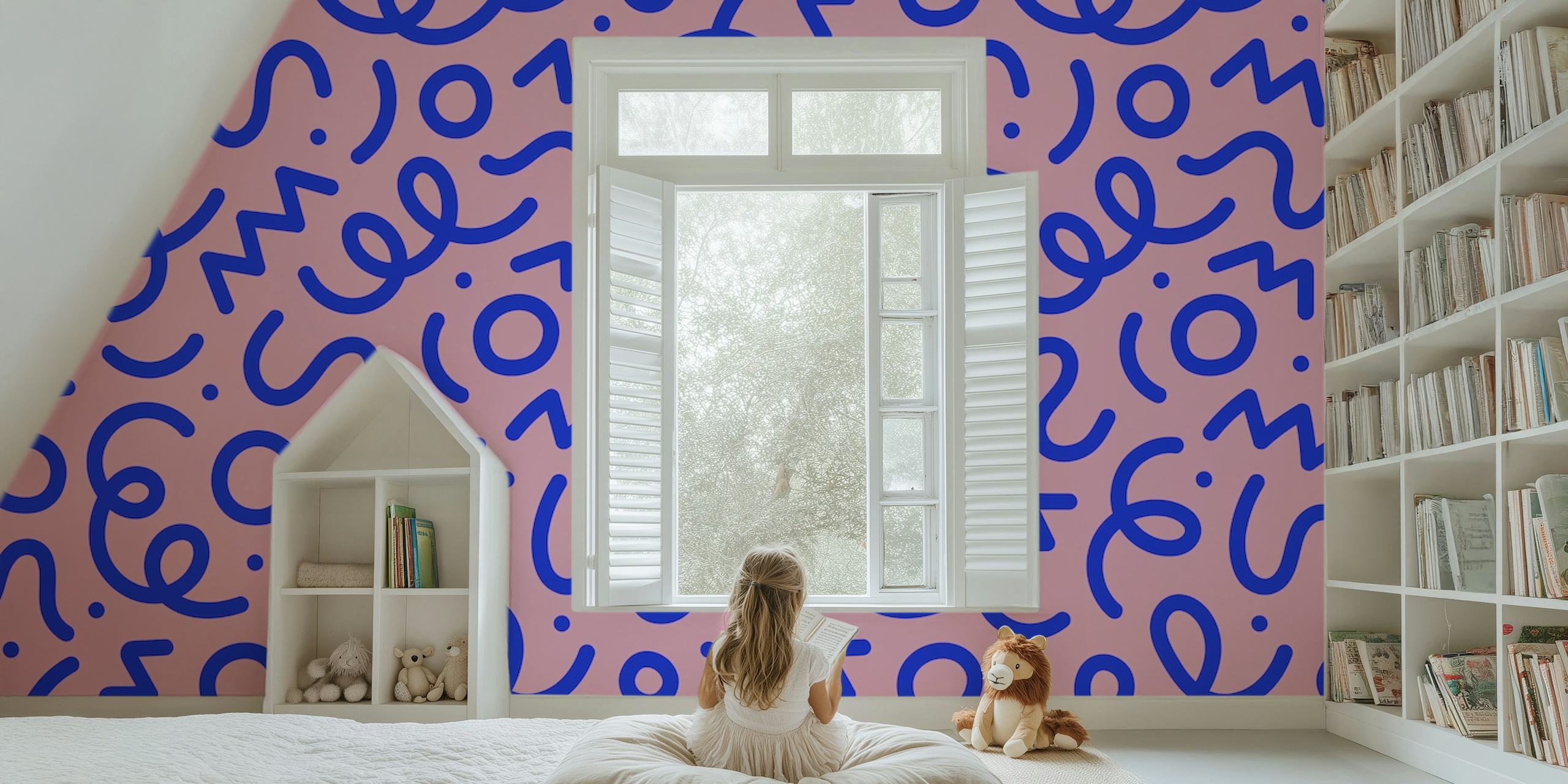 Colorful scribble pattern on pink background wallpaper