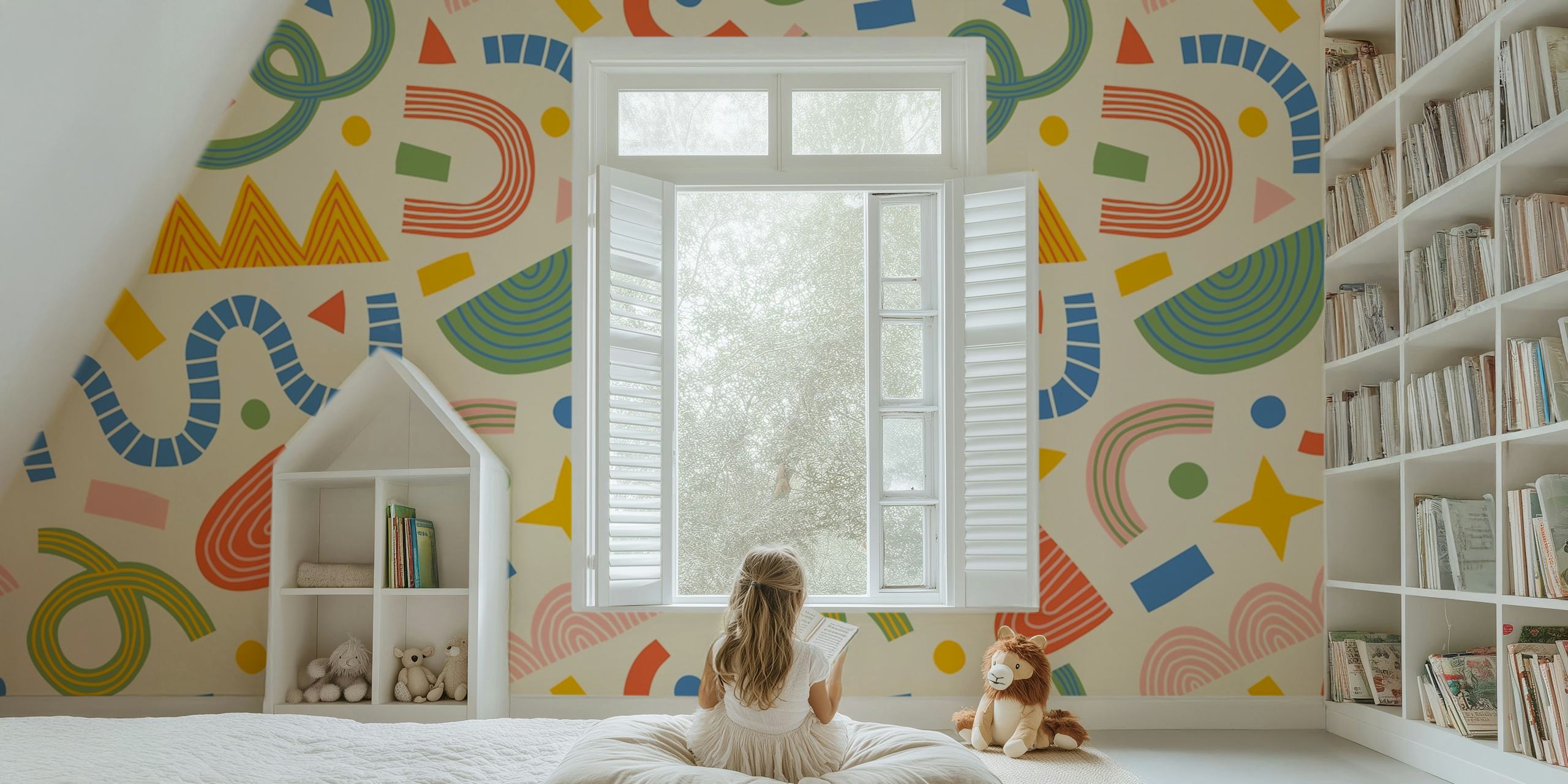 Colorful geometric shapes in pink, green, and yellow wallpaper