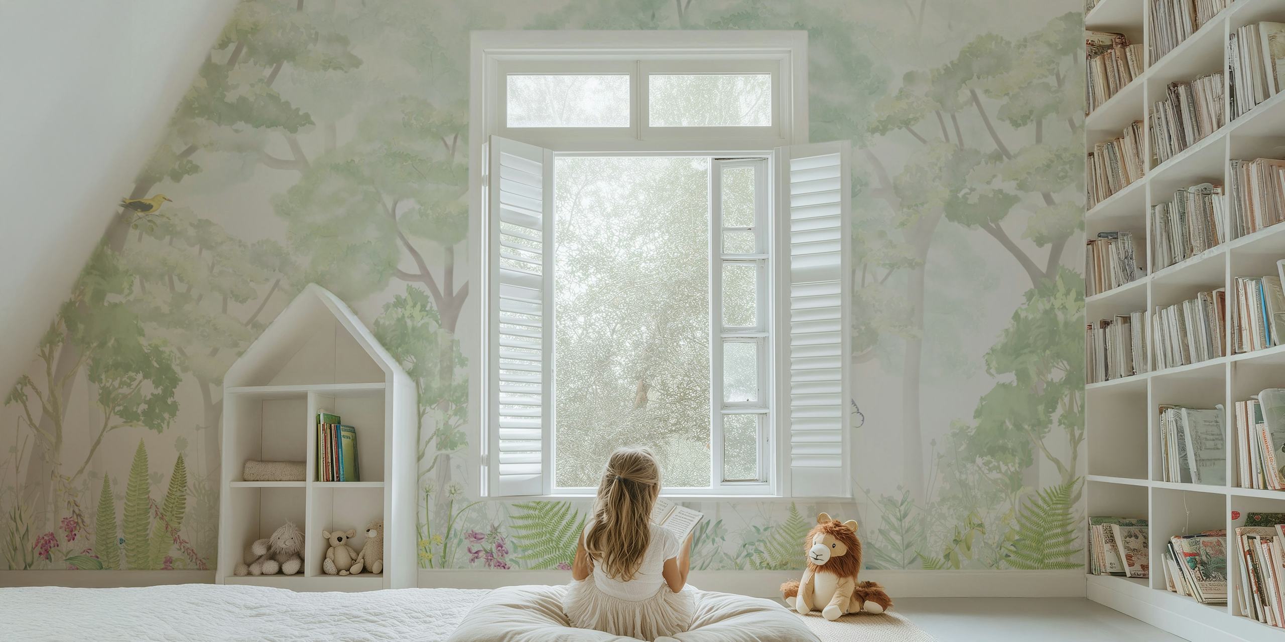 Forest scene with light green trees and colorful flowers wallpaper