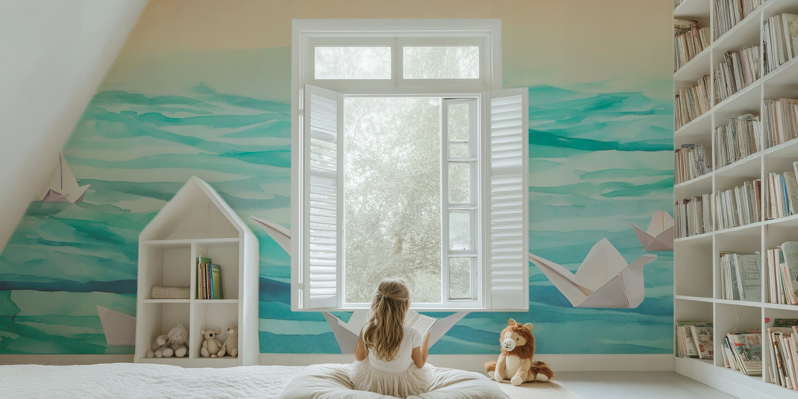 Origami paper boats on a watercolor sea wall mural