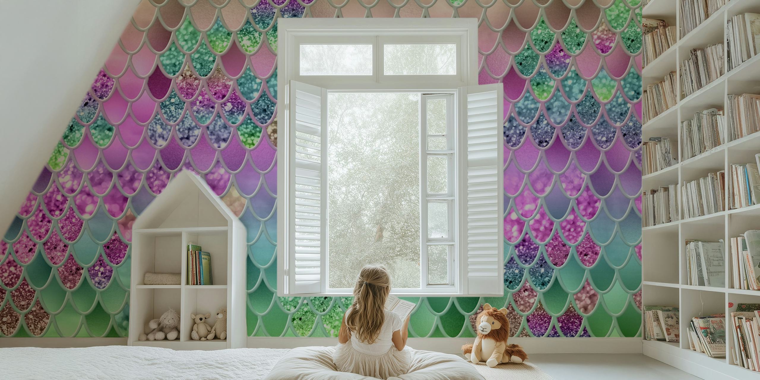 Mermaid Glitter Scales wallpaper in a room