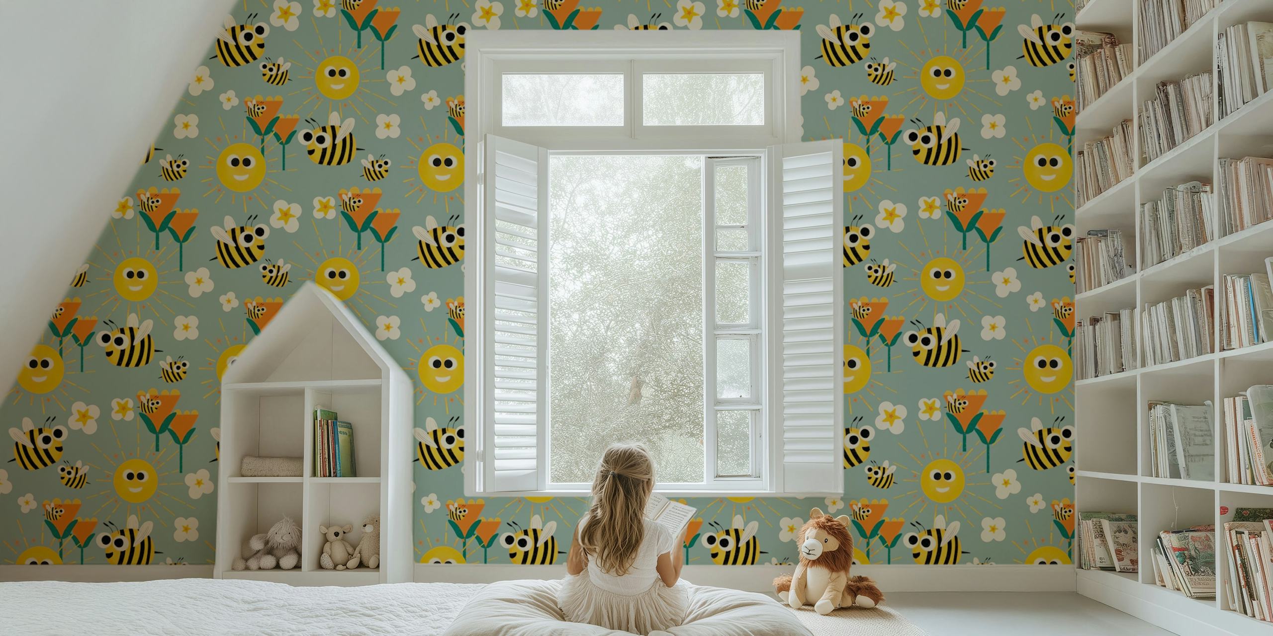 Χρωματιστό σχέδιο ταπετσαρίας happy bees and sunshine