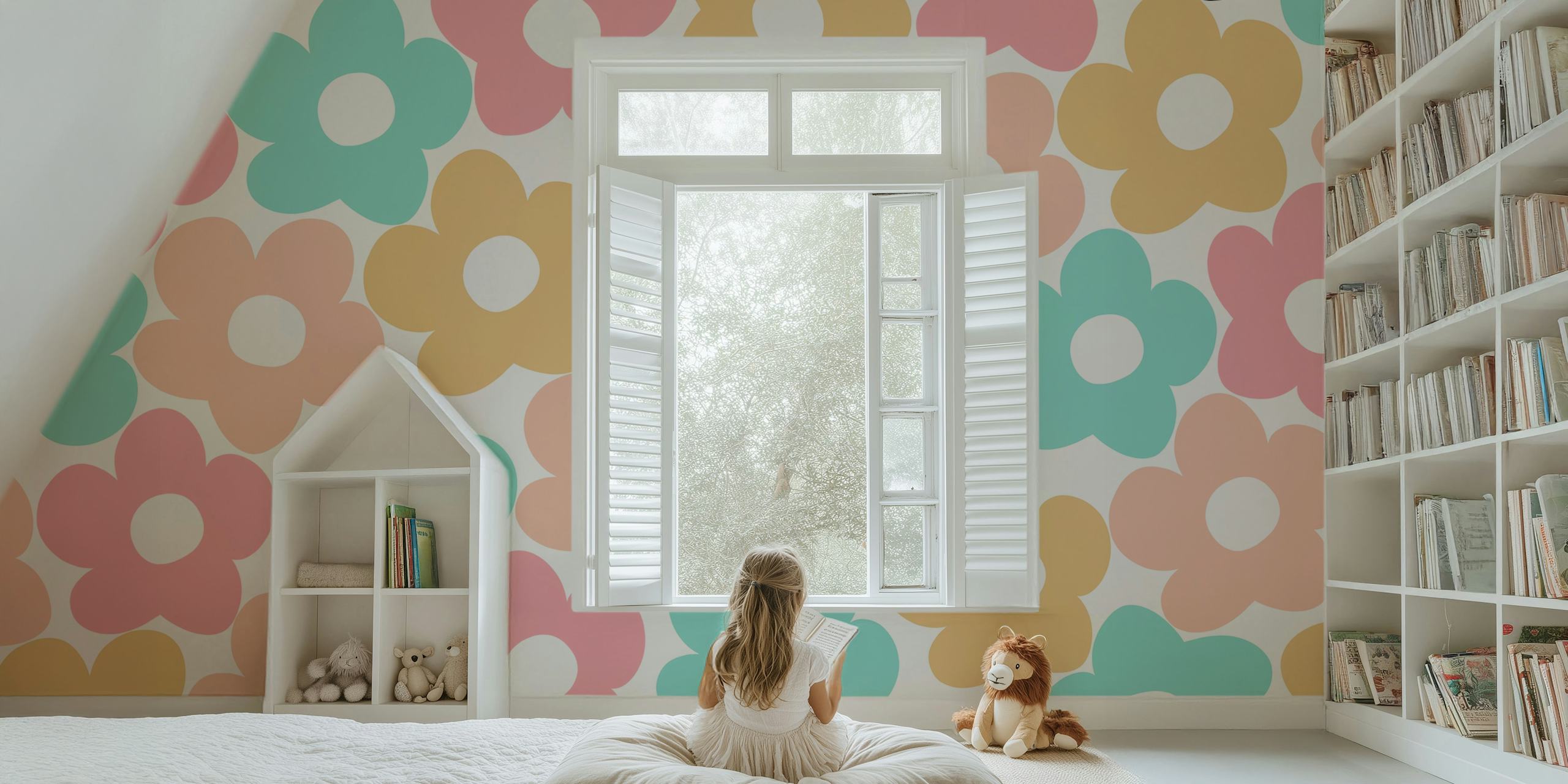 Colorful floral pattern in pastel pink, blue, and yellow wallpaper