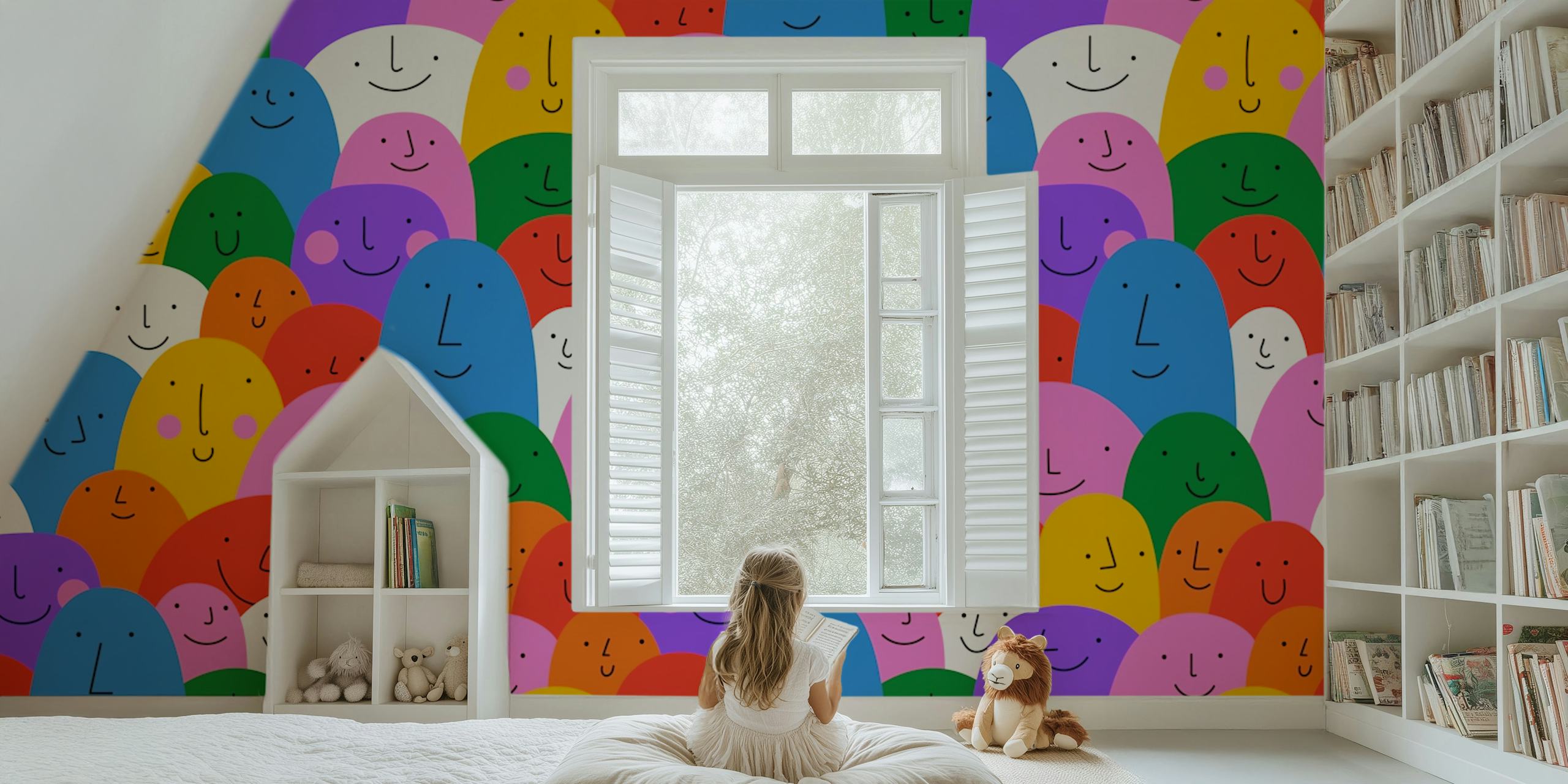 Colorful smiling faces pattern in various shades wallpaper