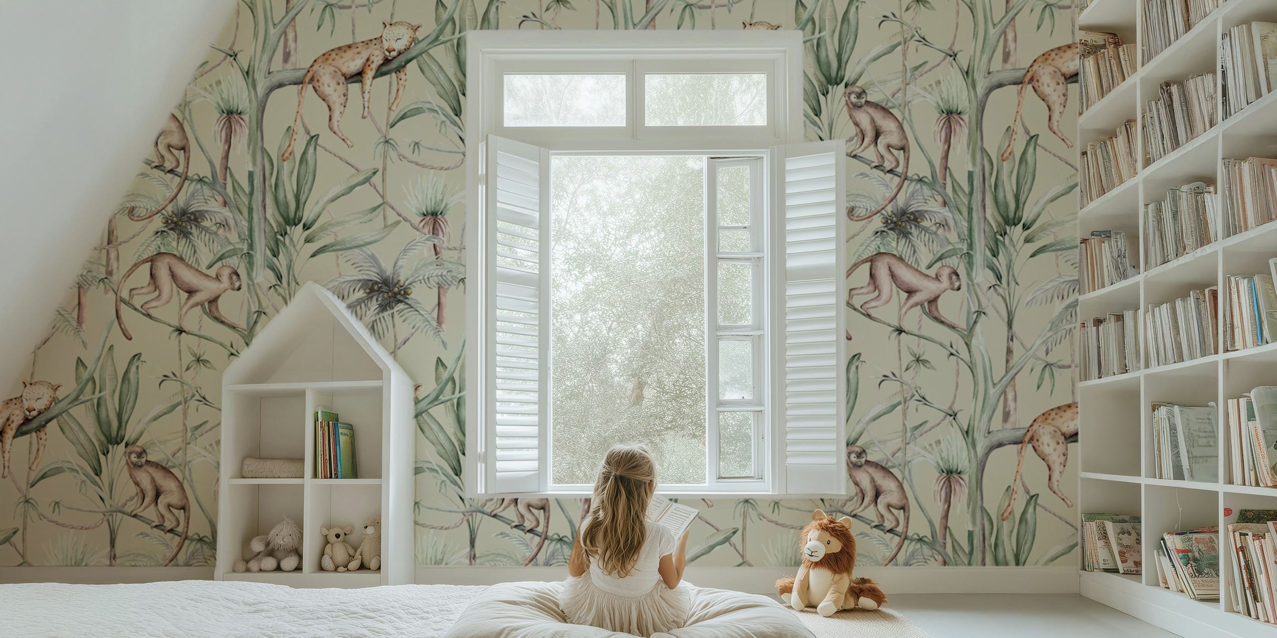Exotic jungle wallpaper featuring monkeys and leopards