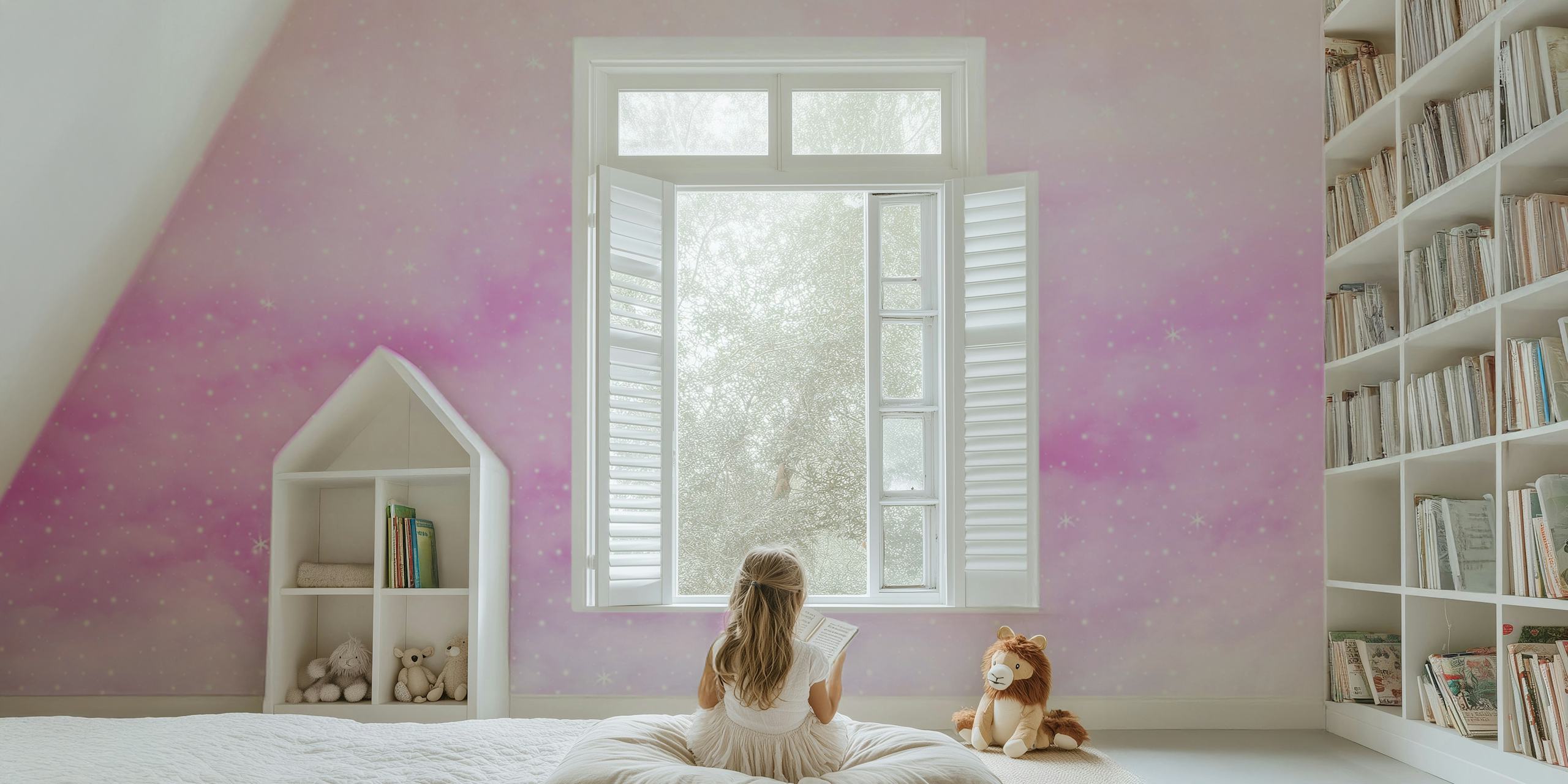 Pastel clouds in shades of pink and purple with starry texture wallpaper