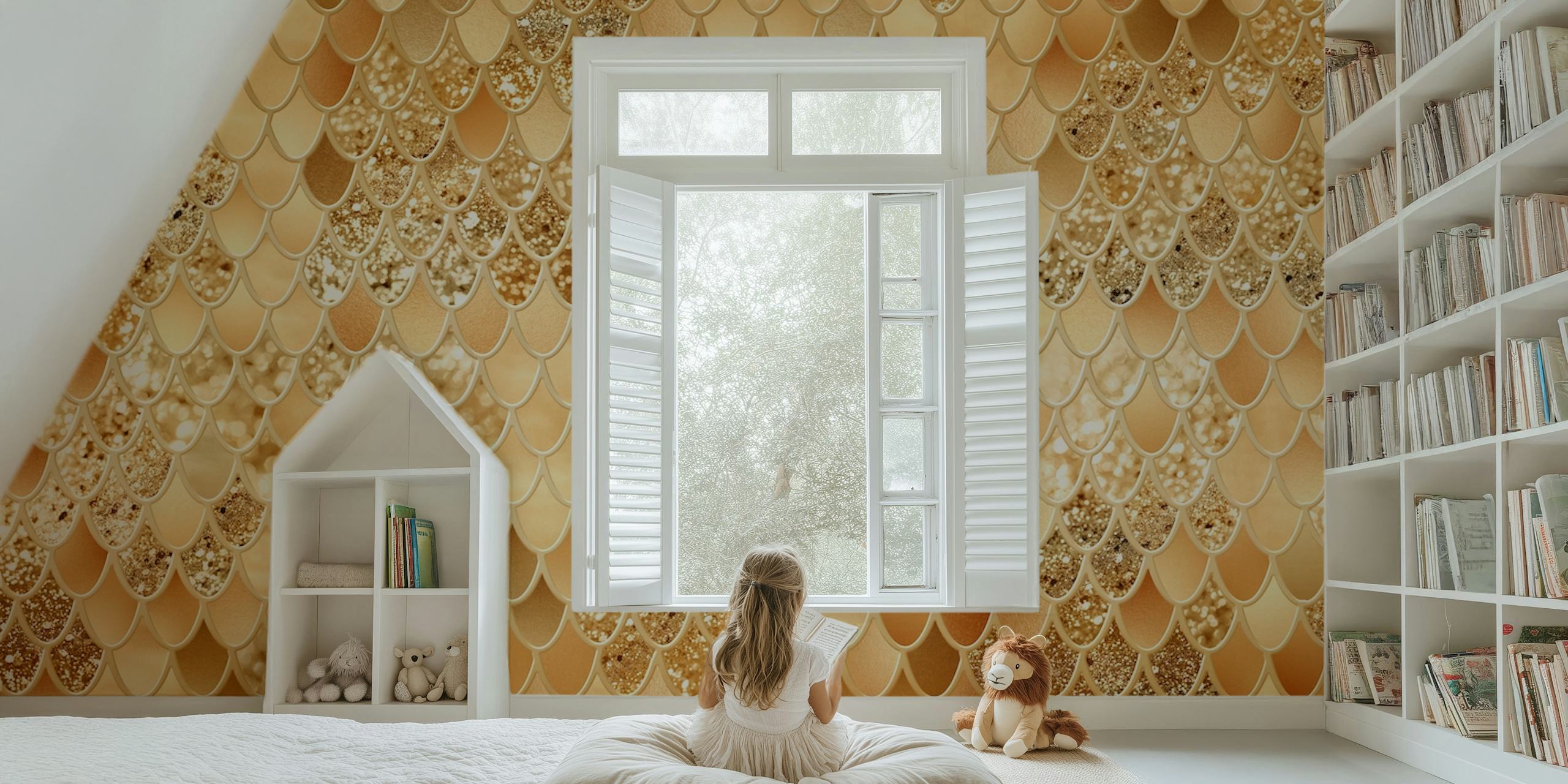 Elegant orange mermaid scale pattern for wall mural