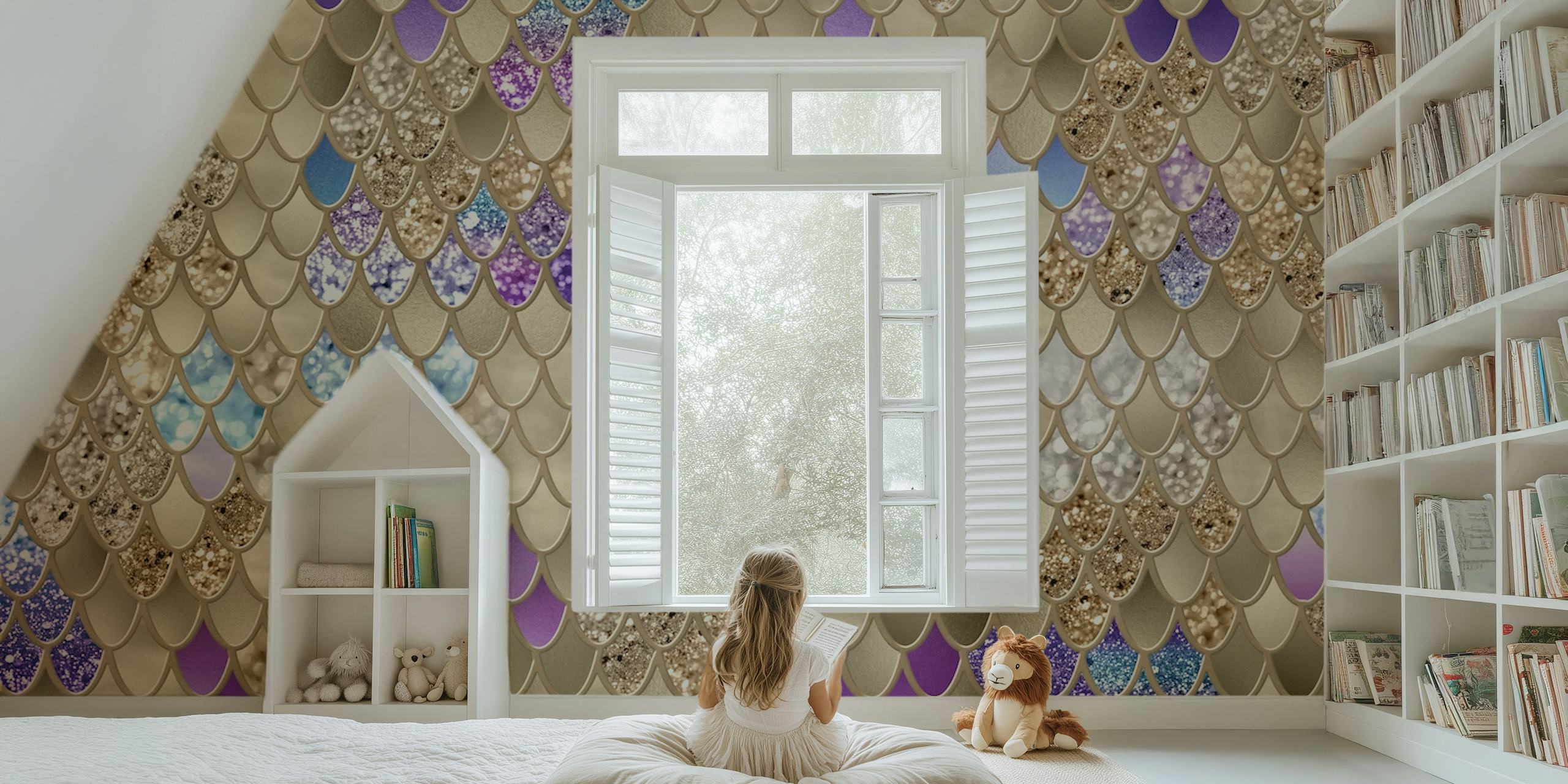 Gold Violet Blue Meerjungfrau Schuppen in einem Raum