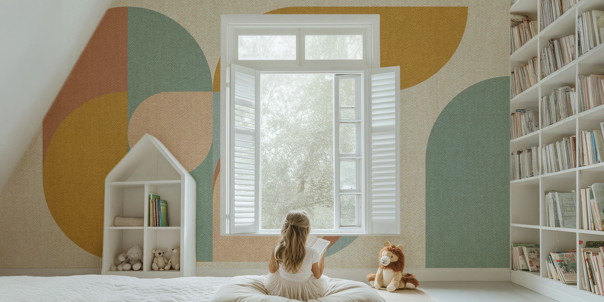 Zidna slika Bauhaus Bird iz sredine stoljeća s apstraktnim geometrijskim oblicima u zemljanim tonovima