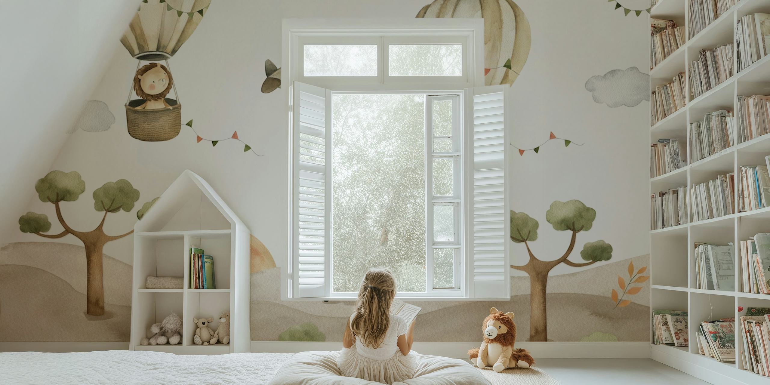 Safari party wallpaper with hot air balloons and animals in soft colors.