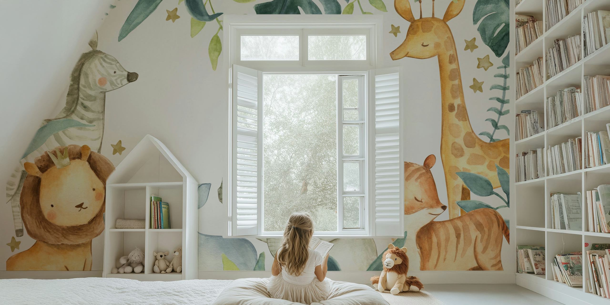 Carta da parati Safari Friends con animali giocosi e foglie tropicali