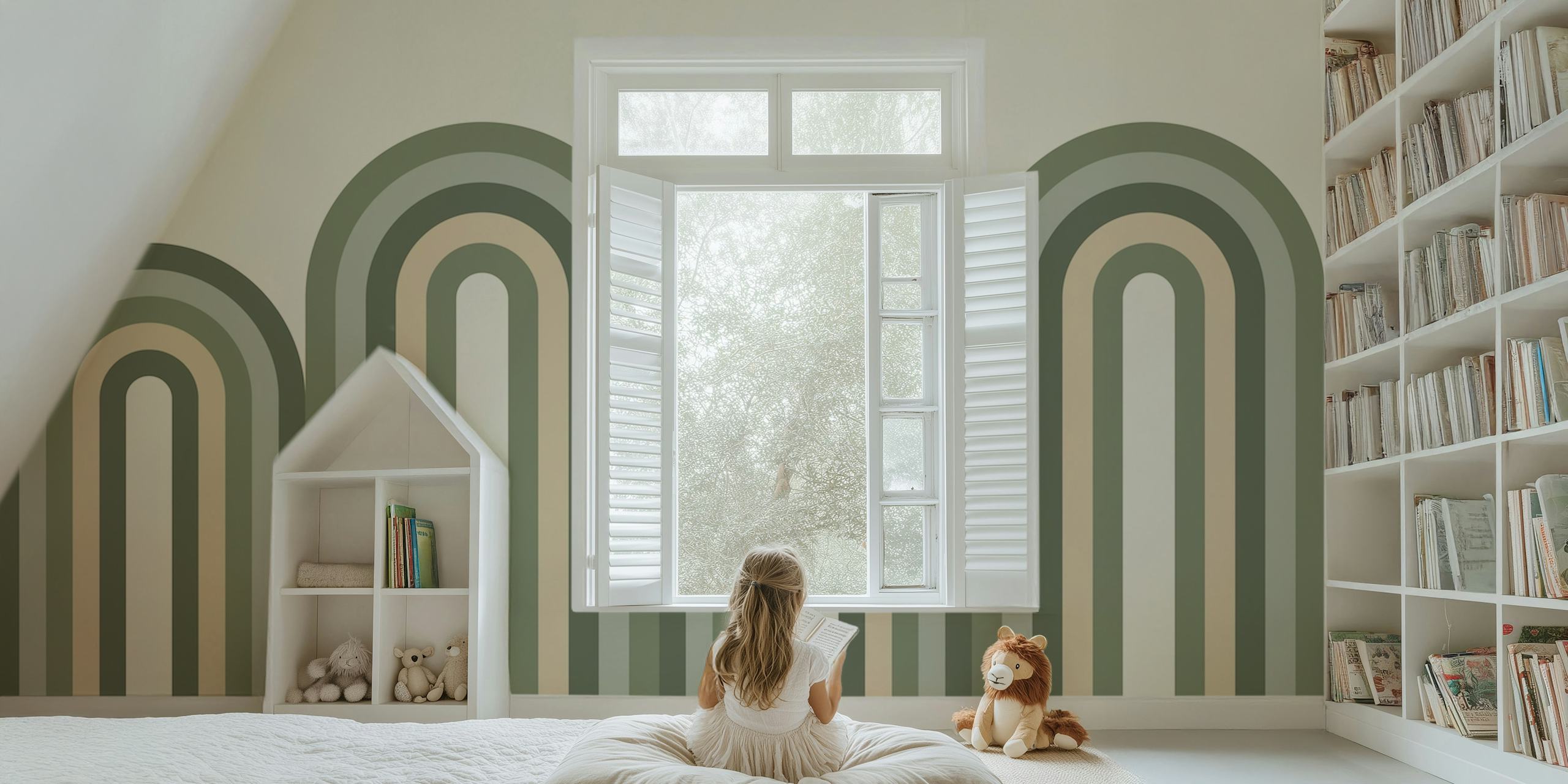 Sage Green Boho Rainbow wallpaper in a room