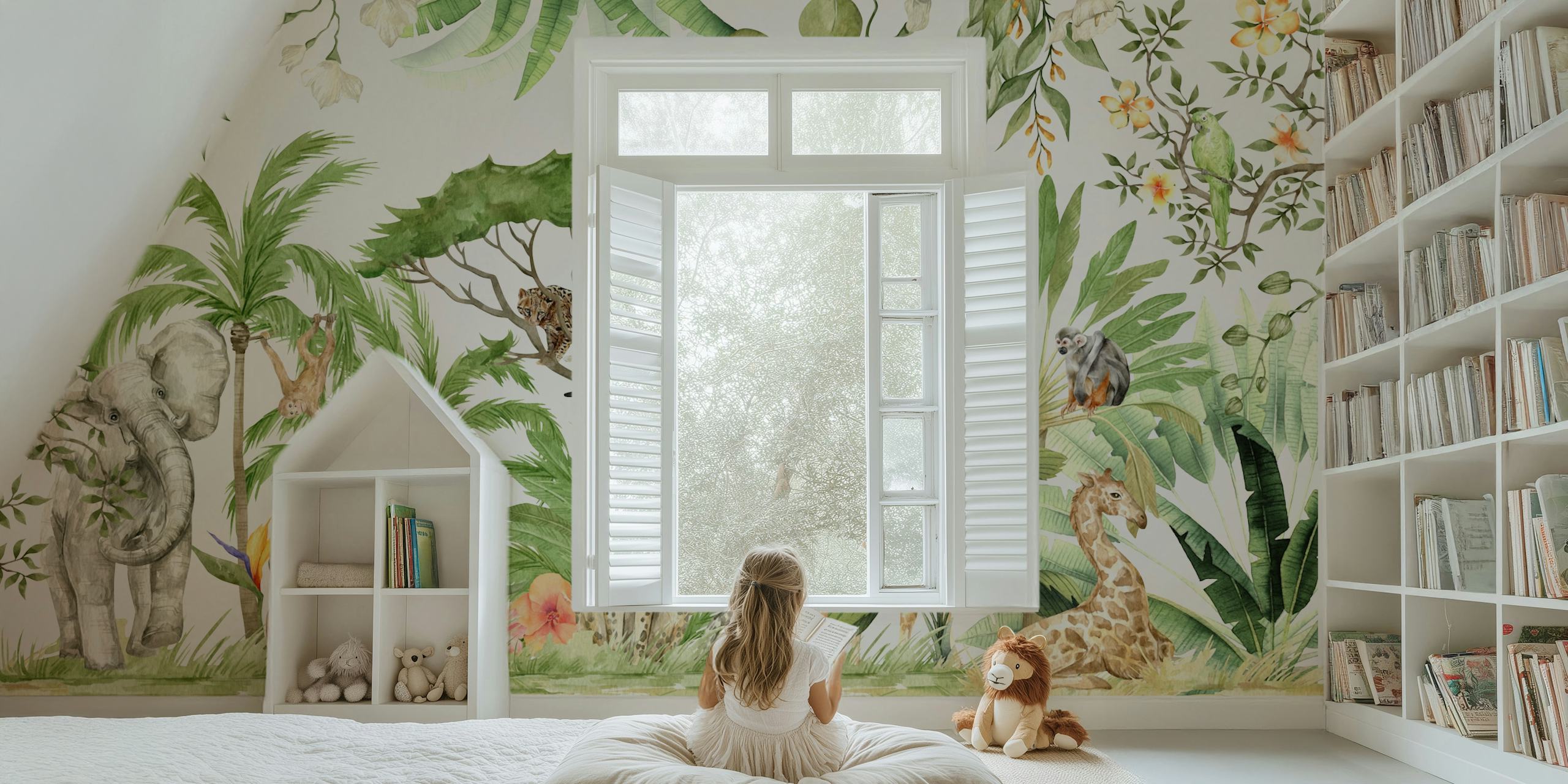Tropical jungle wallpaper with elephants, tigers, giraffes, and lush green plants