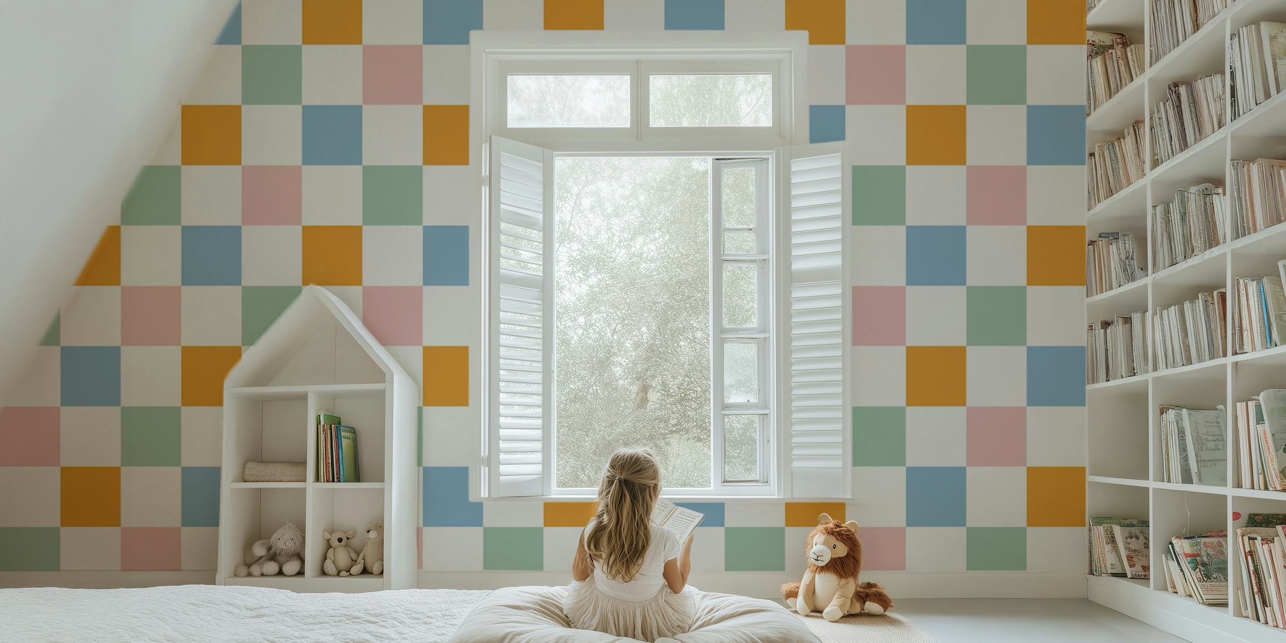 Colorful gingham pattern comprising pink, blue, orange, and green squares wallpaper