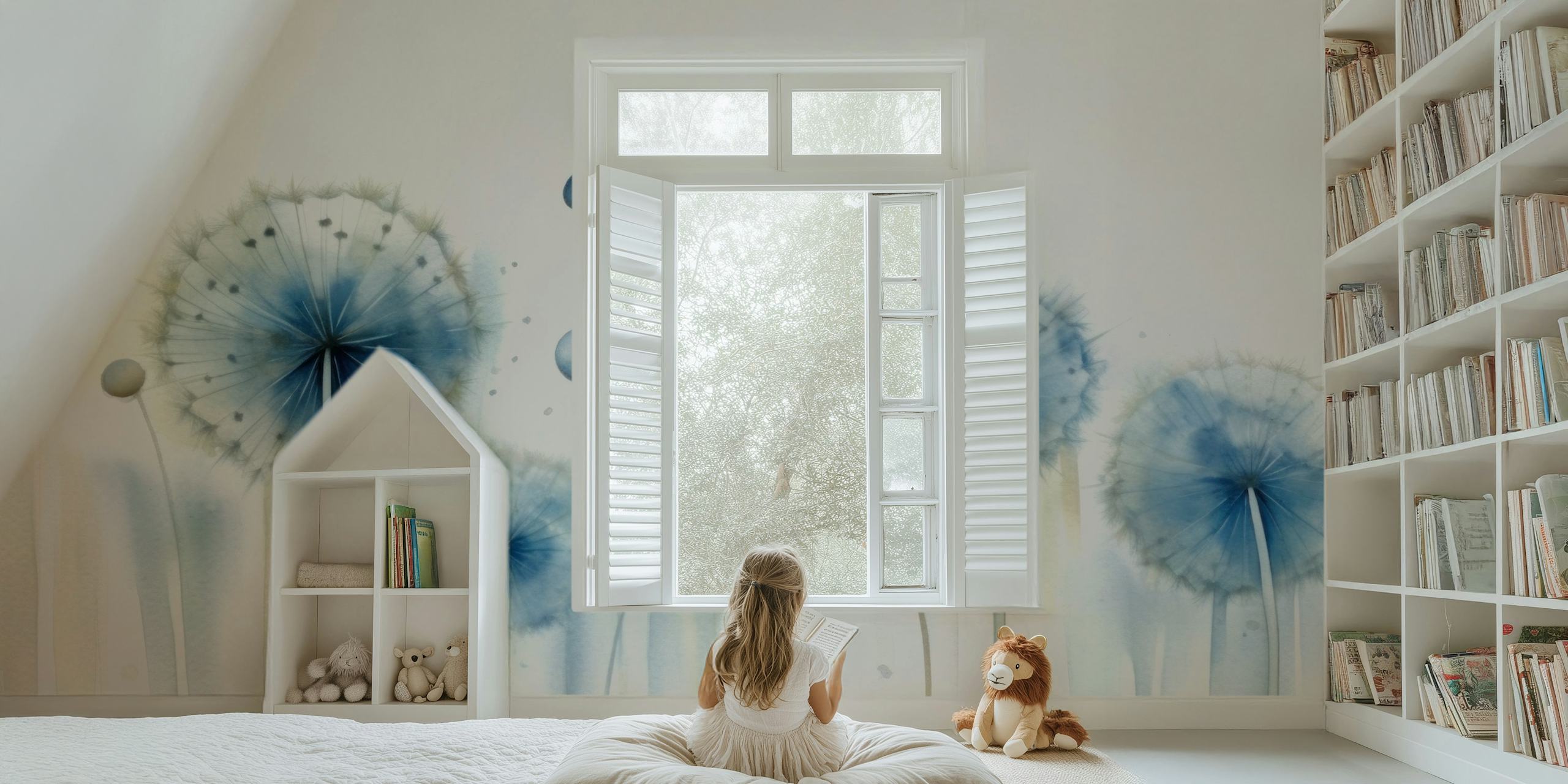 Child-friendly dandelion wall mural with blue and white tones