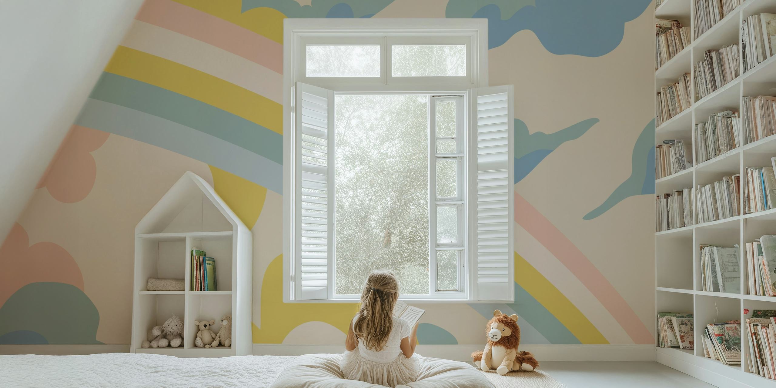 Soft pastel rainbow clouds wallpaper in a room