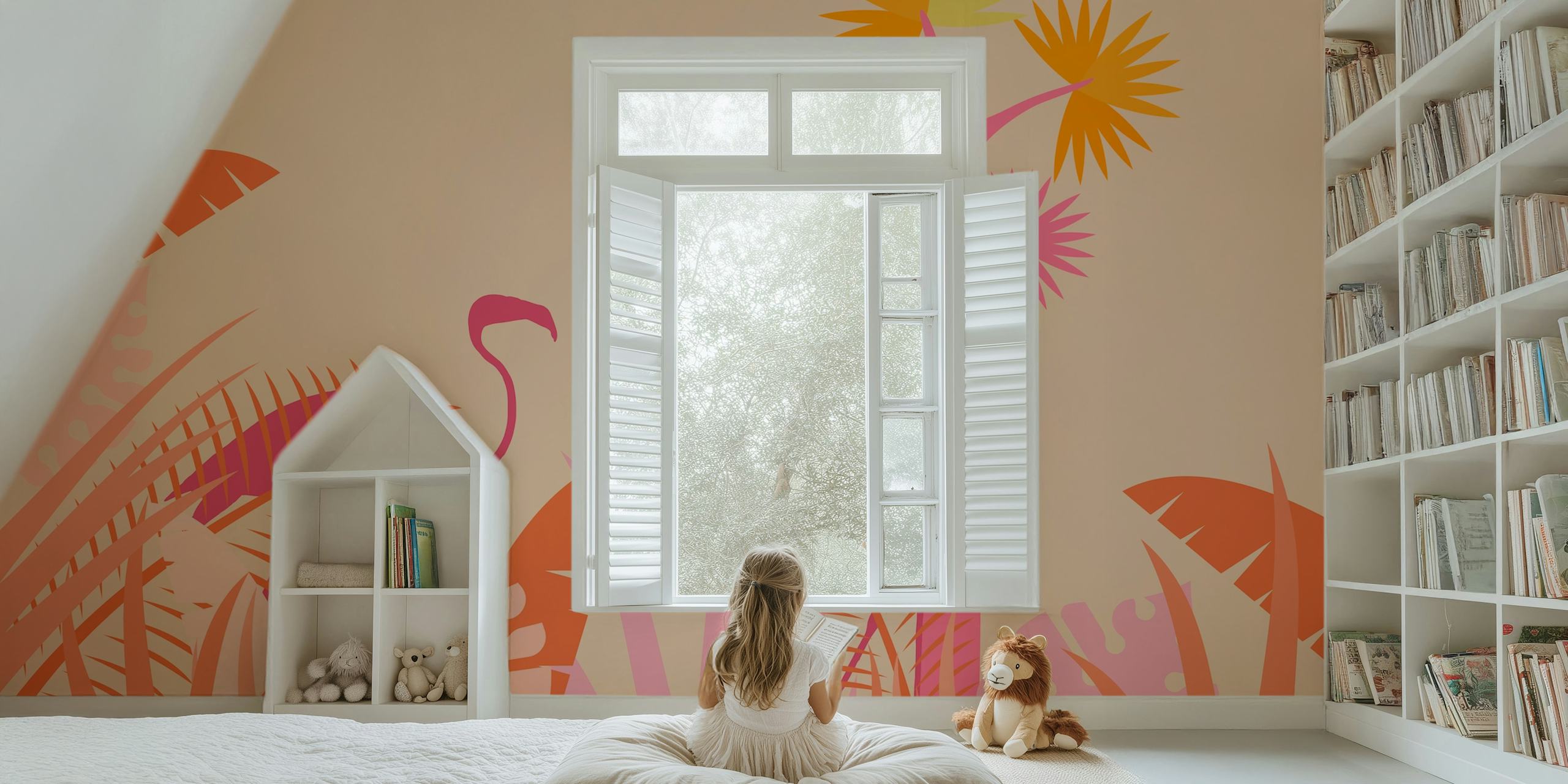 Flamingo Jungle Summer Vibe seinämaalaus, jossa vaaleanpunaisia flamingoja ja trooppista kasvistoa lämpimällä taustalla