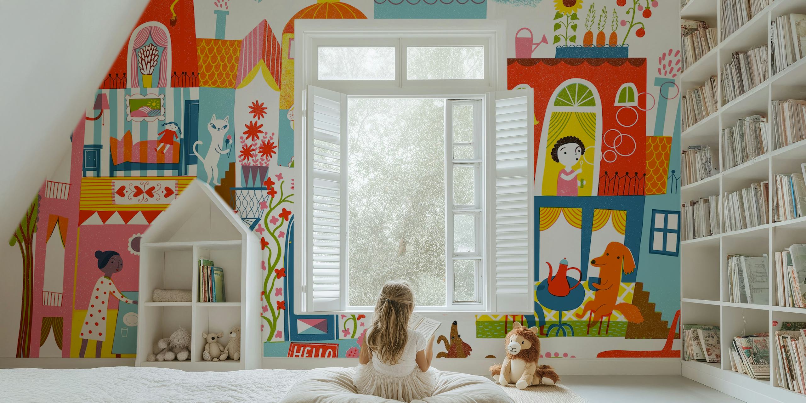 Speelse huisjes met dieren en mensen, kleurrijk en vrolijk design wallpaper