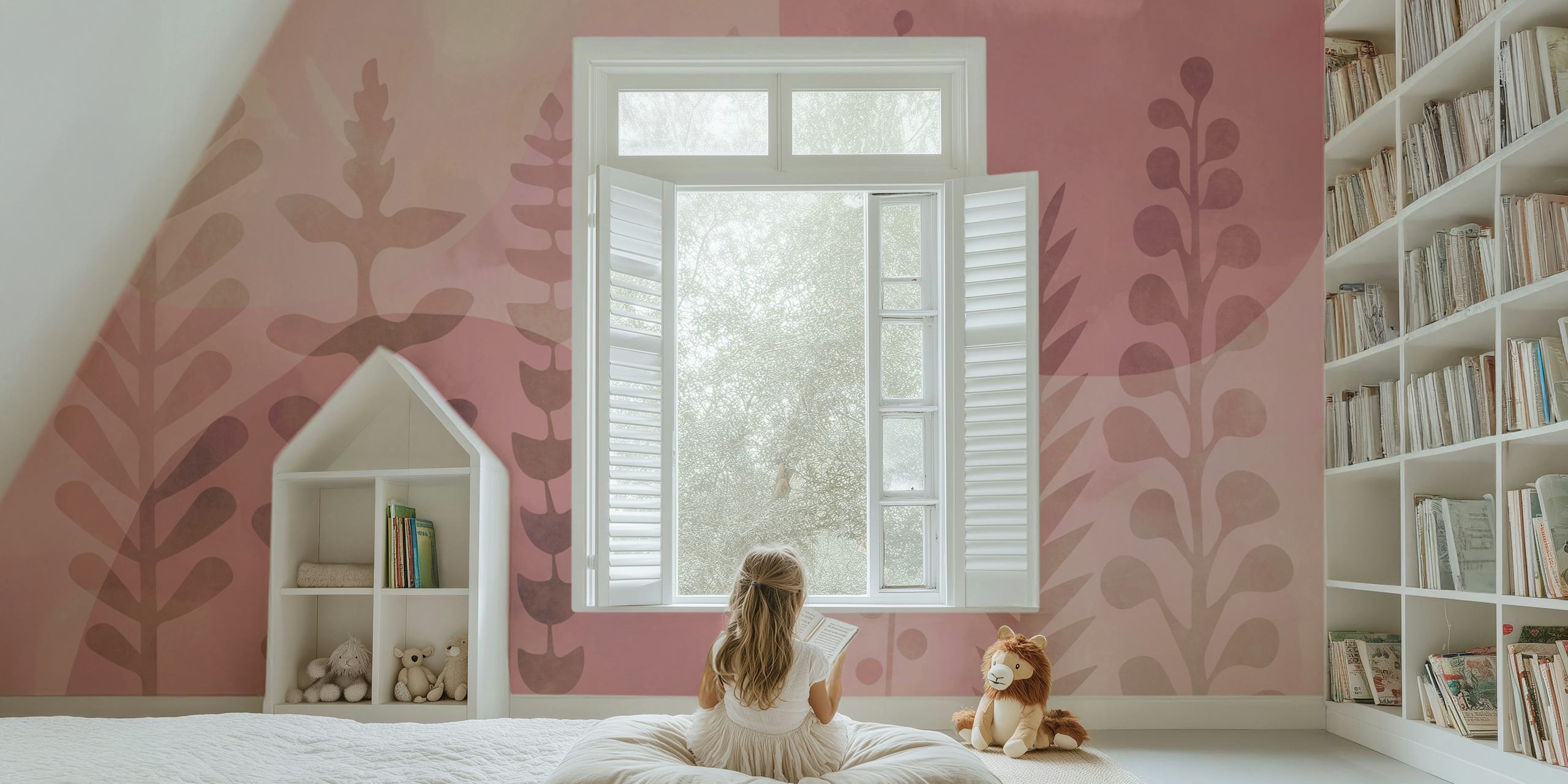 Abstrakcyjna fototapeta z motywami botanicznymi w pastelowych odcieniach różu