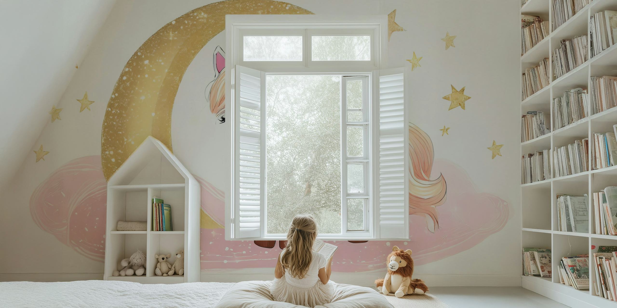 Pink unicorn with golden crescent moon and stars wallpaper