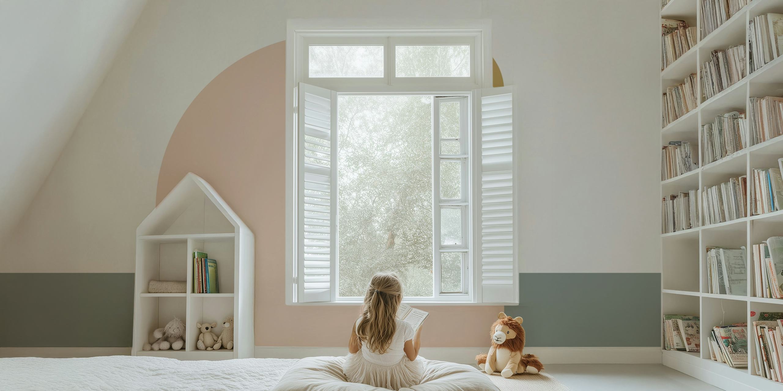 Abstract pink and green arch shapes with a dot. Modern wallpaper