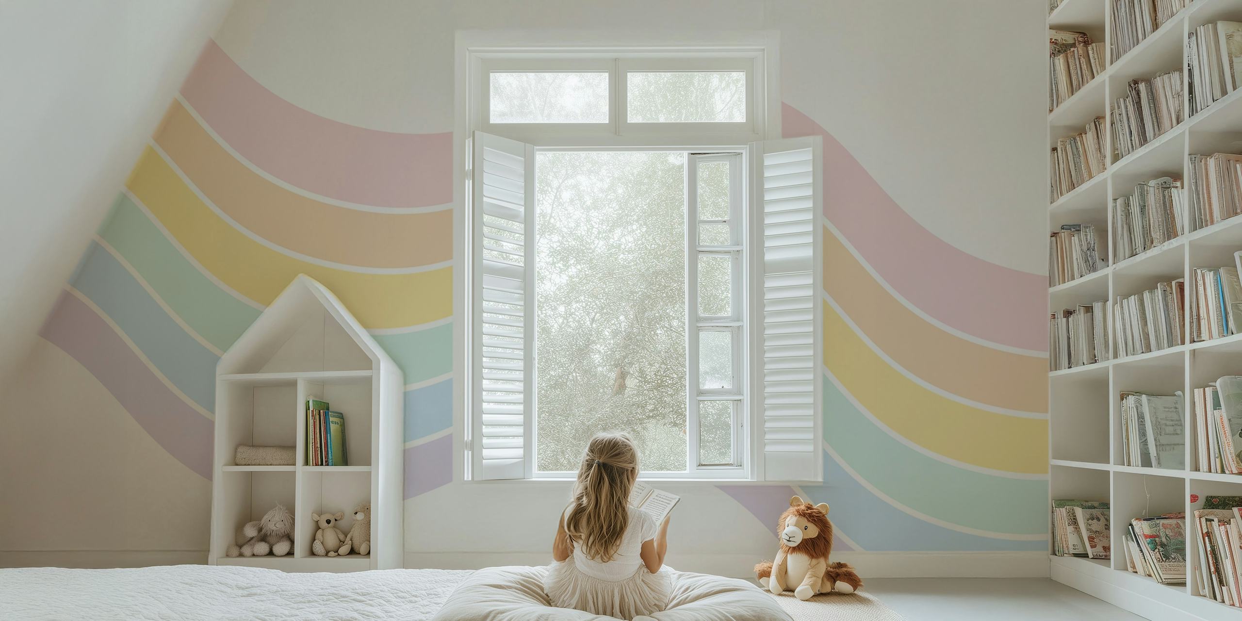 Pastel wavy lines in pink, yellow, blue, and lavender wallpaper