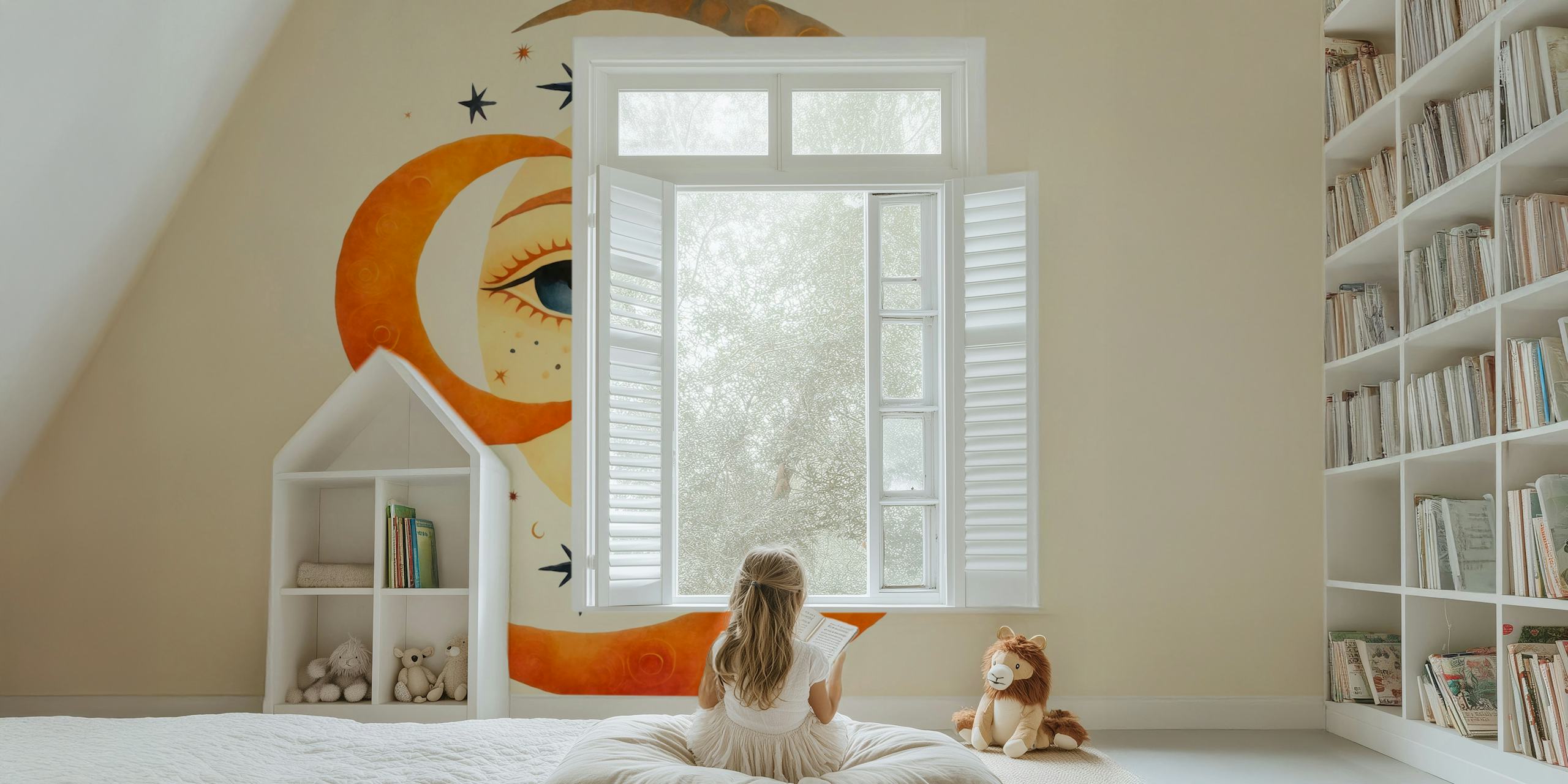Whimsical Moon Watercolor Art em um quarto