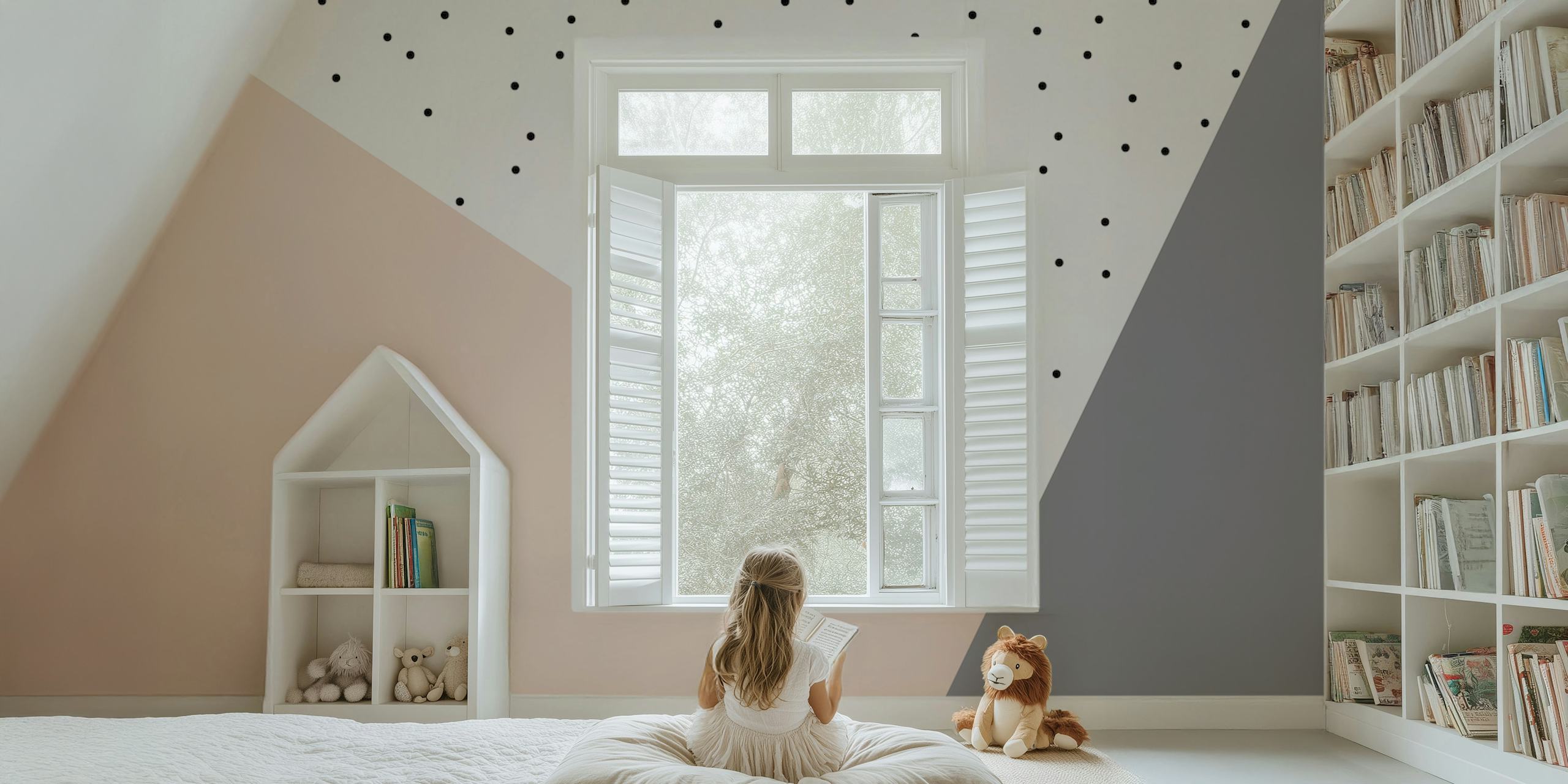 Geometrisches Wandbild in Rosa und Grau mit Tupfen