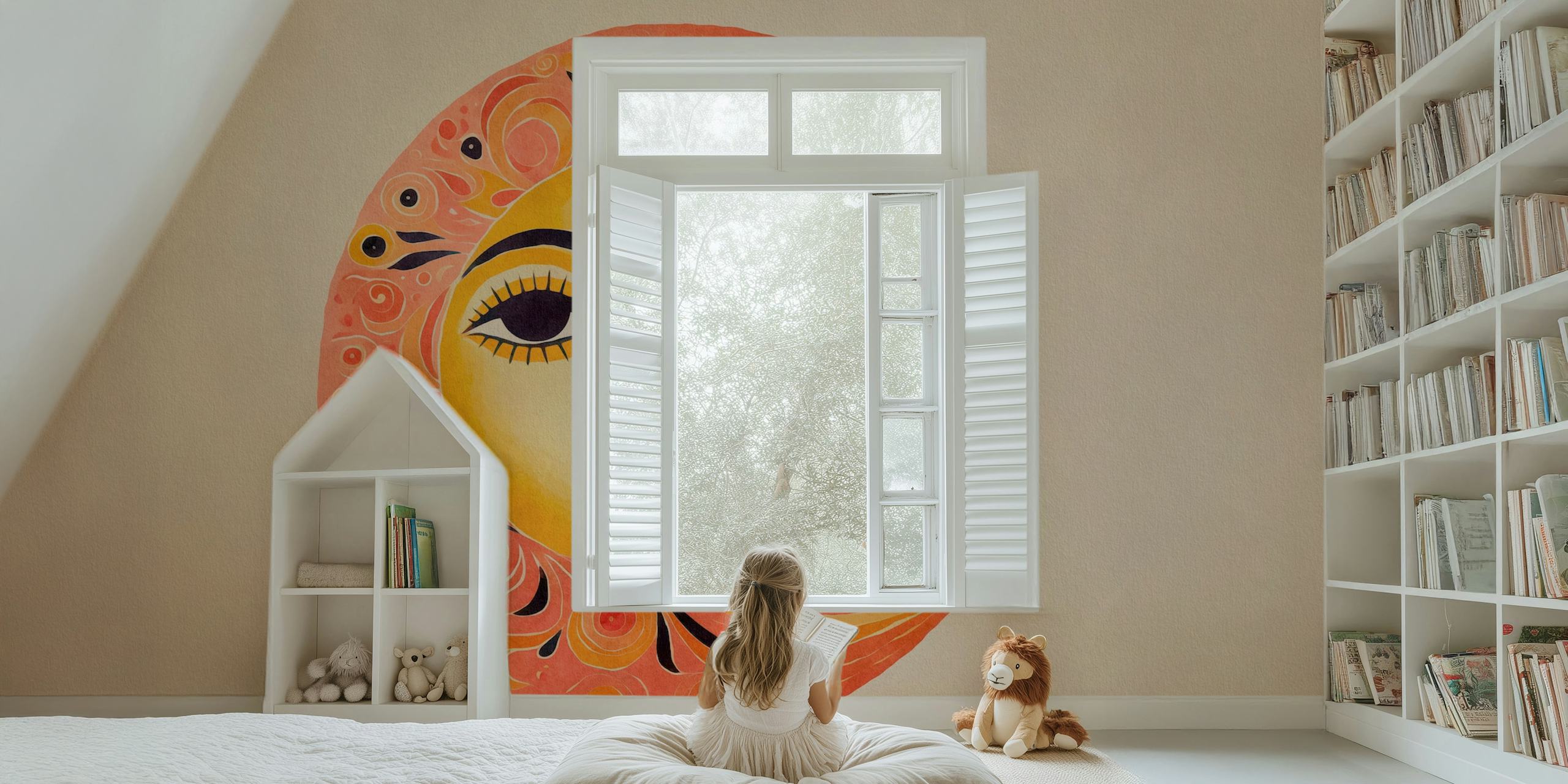 Whimsical Sun Moon Face wall mural with harmonious sun and moon design