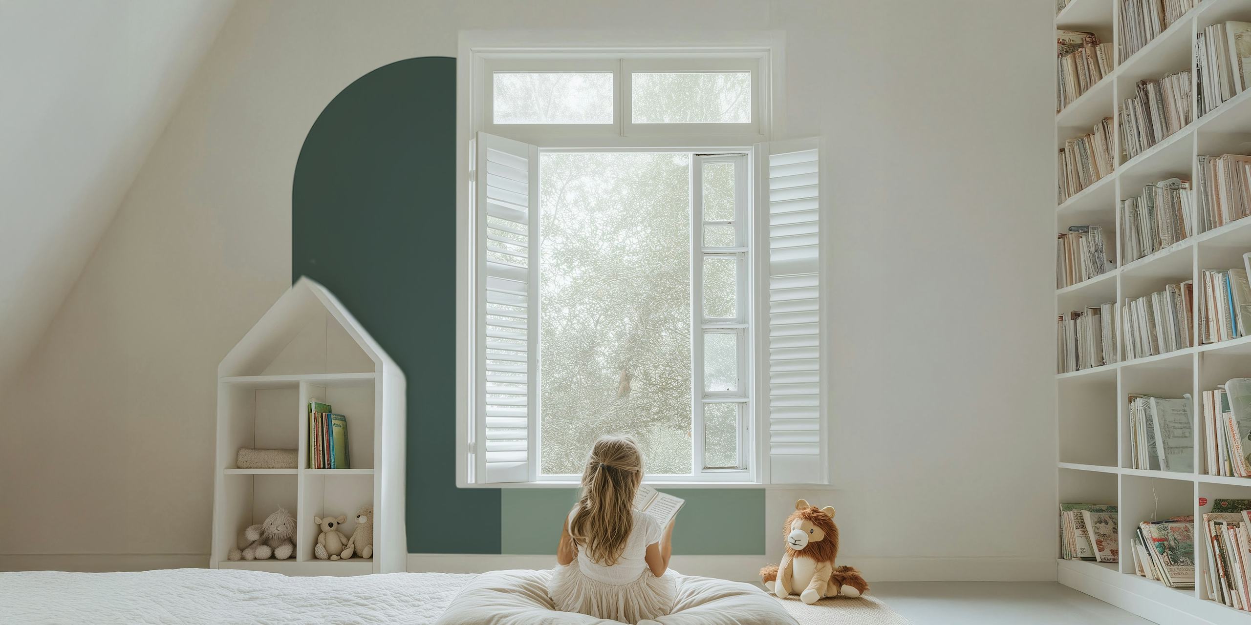 Teal Nursery Modern Boho Arch tapet i et rom